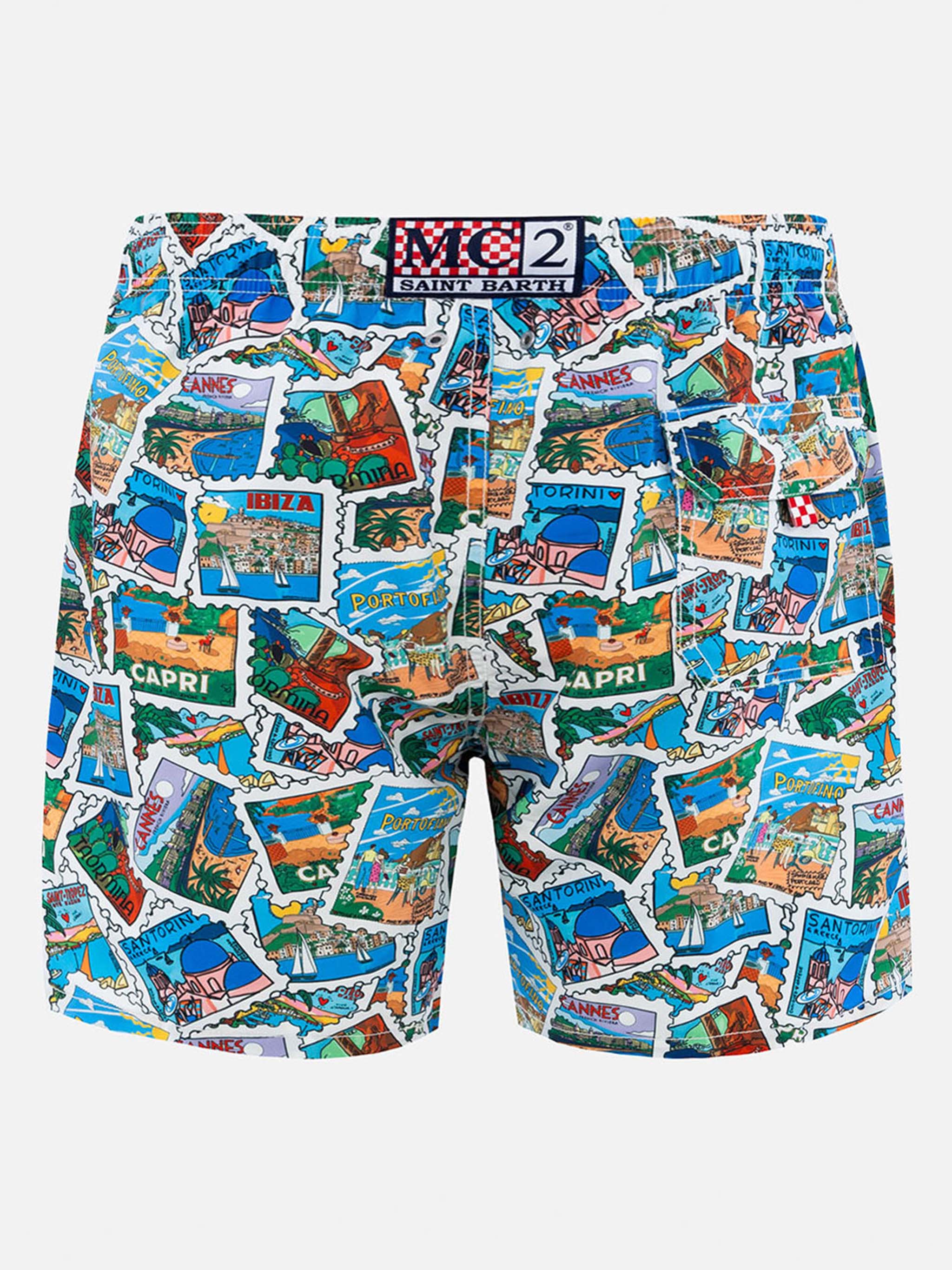 Mid-Length Gustavia Swim-Shorts With Postcard Print | Alessandro Enriquez Special Edition White Swimshort