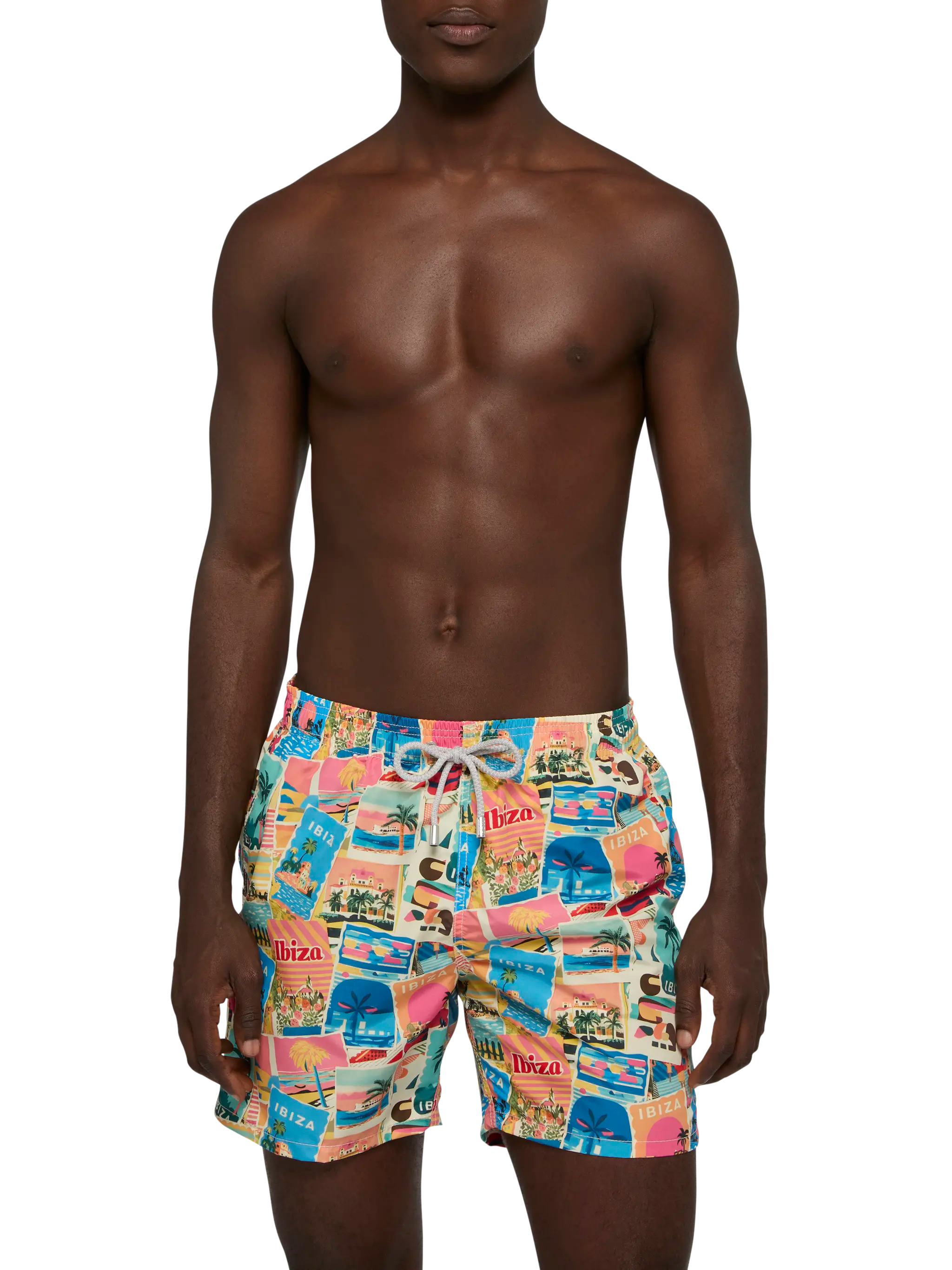 Mid-Length Gustavia Swim-Shorts With Ibiza Postcard Print | Ai Co-Created Design By Rickdick - Powered Red-Eye White Swimshort
