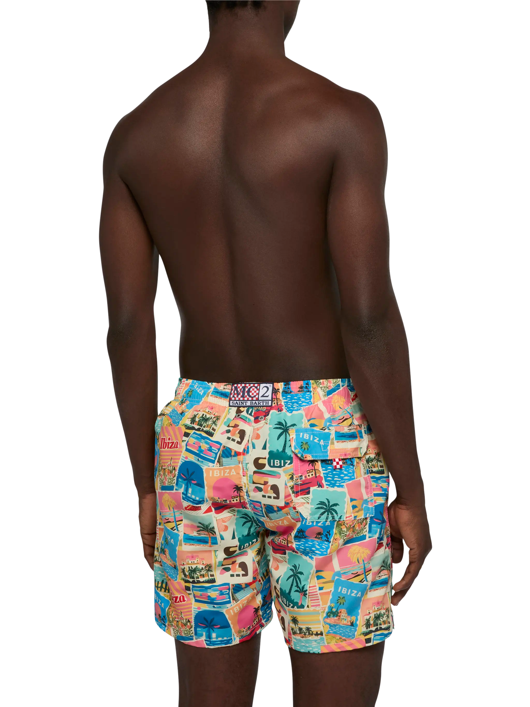 Mid-Length Gustavia Swim-Shorts With Ibiza Postcard Print | Ai Co-Created Design By Rickdick - Powered Red-Eye White Swimshort