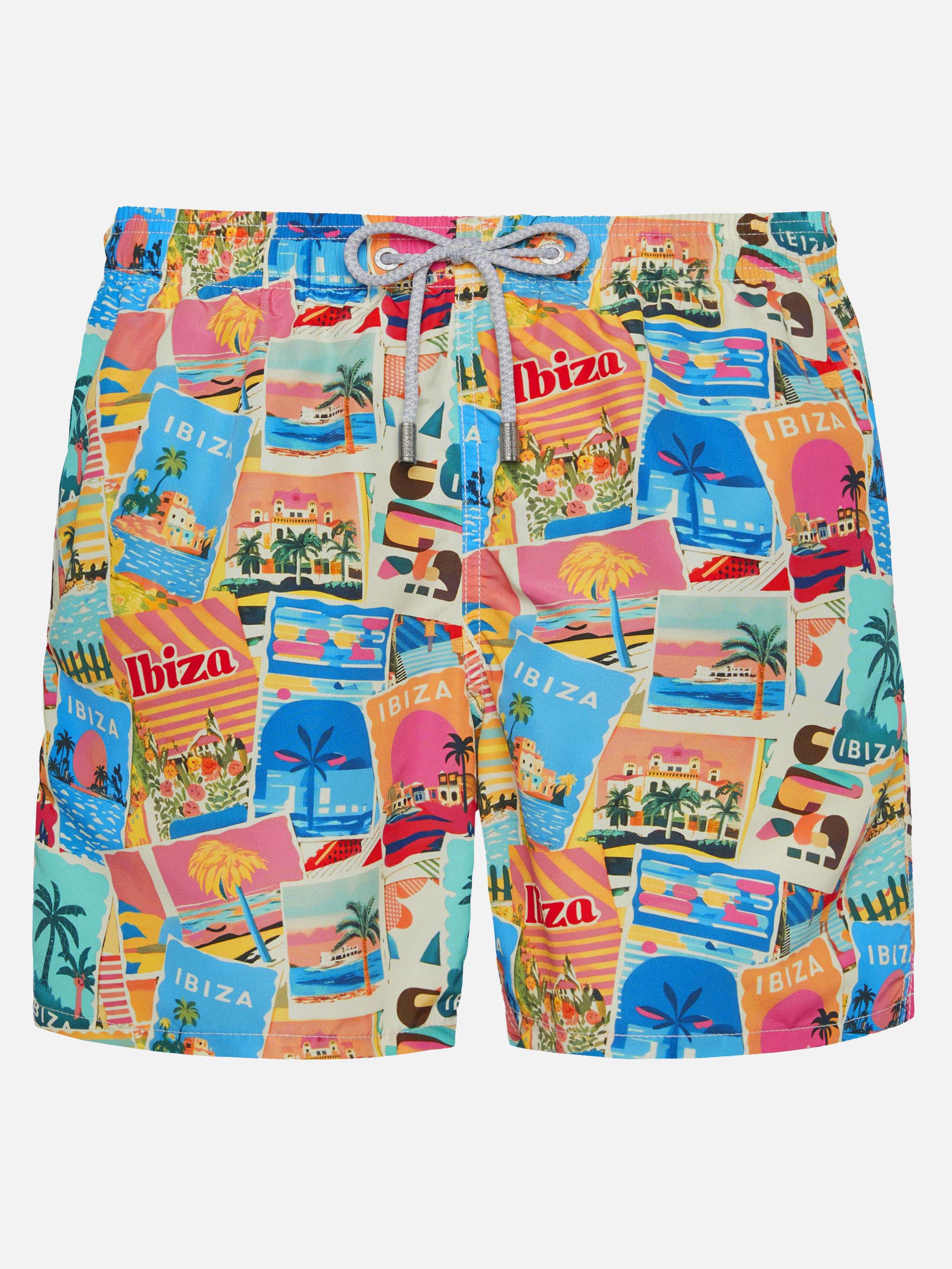 Mid-Length Gustavia Swim-Shorts With Ibiza Postcard Print | Ai Co-Created Design By Rickdick - Powered Red-Eye White Swimshort