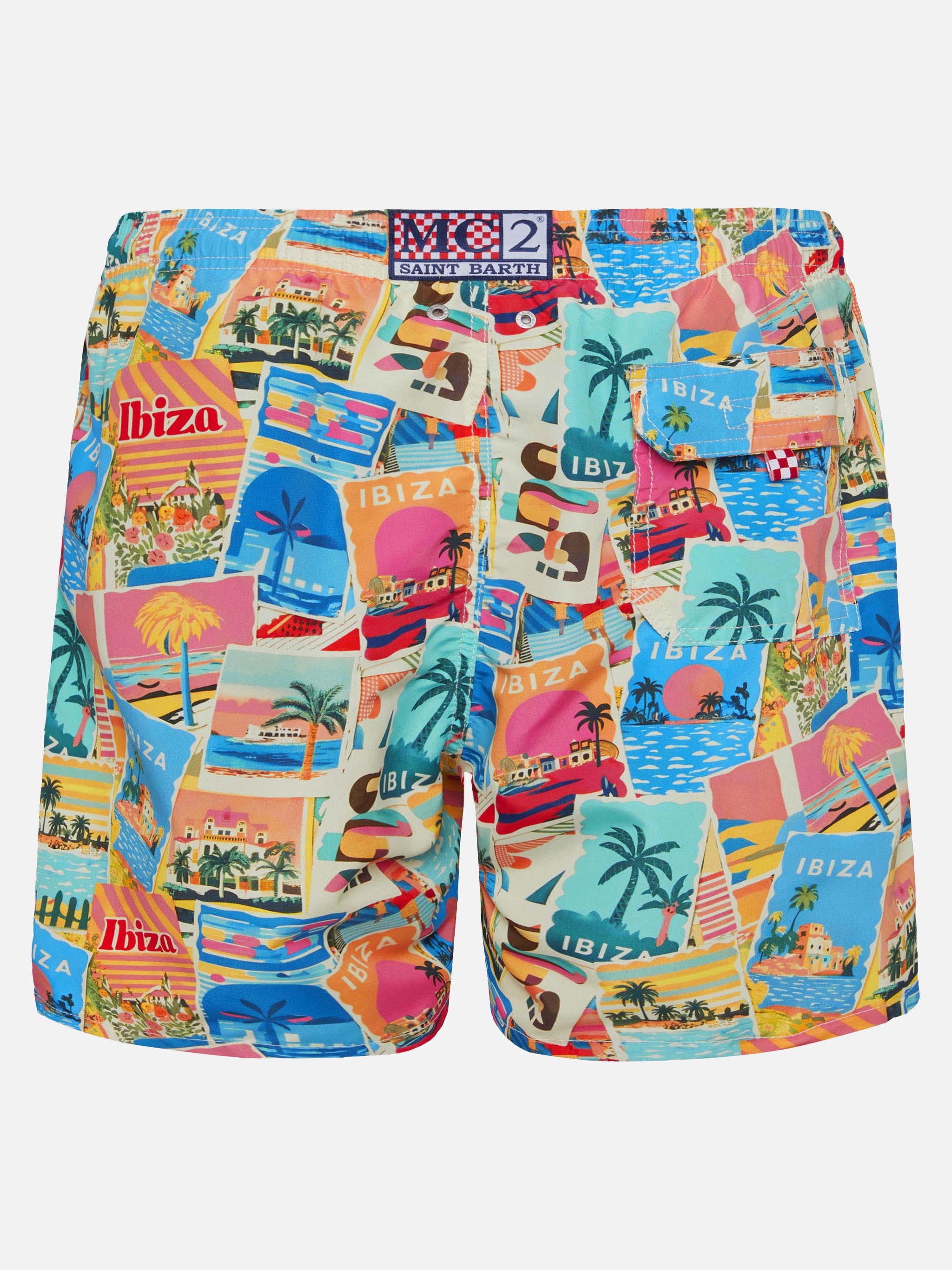 Mid-Length Gustavia Swim-Shorts With Ibiza Postcard Print | Ai Co-Created Design By Rickdick - Powered Red-Eye White Swimshort
