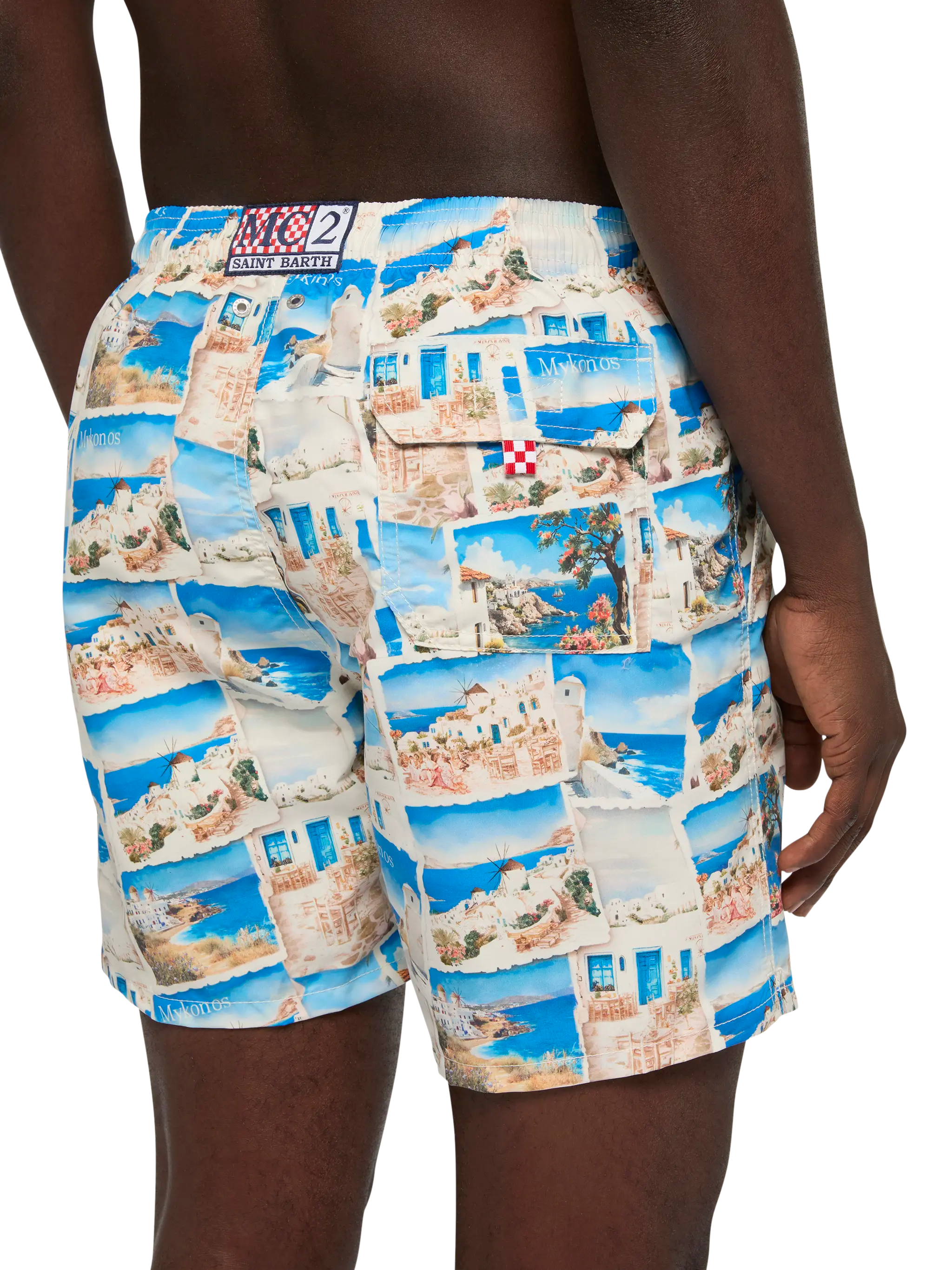 Mid-Length Gustavia Swim-Shorts With Mykonos Postcard Print | Ai Co-Created Design By Rickdick - Powered Red-Eye White Swimshort