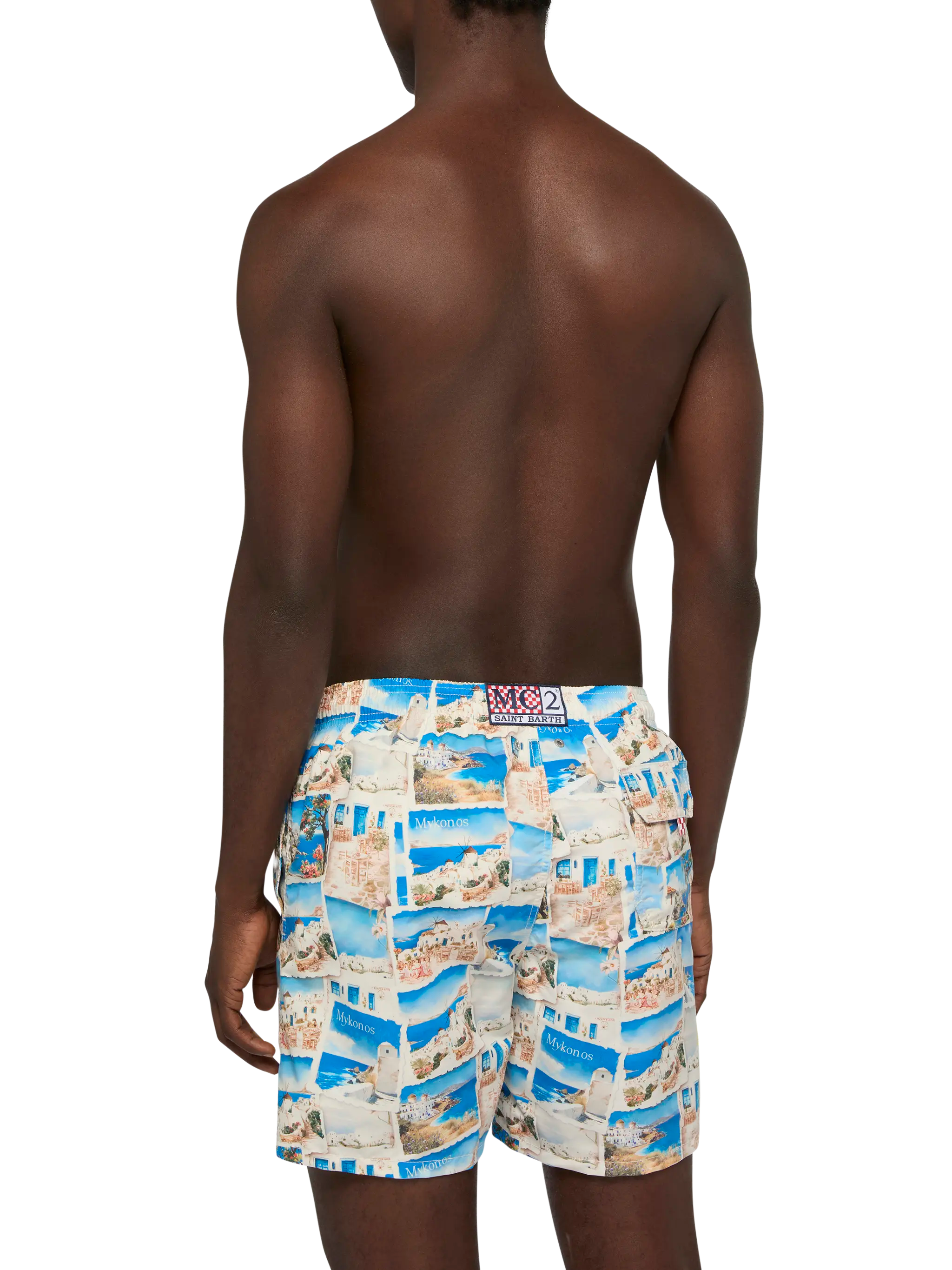 Mid-Length Gustavia Swim-Shorts With Mykonos Postcard Print | Ai Co-Created Design By Rickdick - Powered Red-Eye White Swimshort