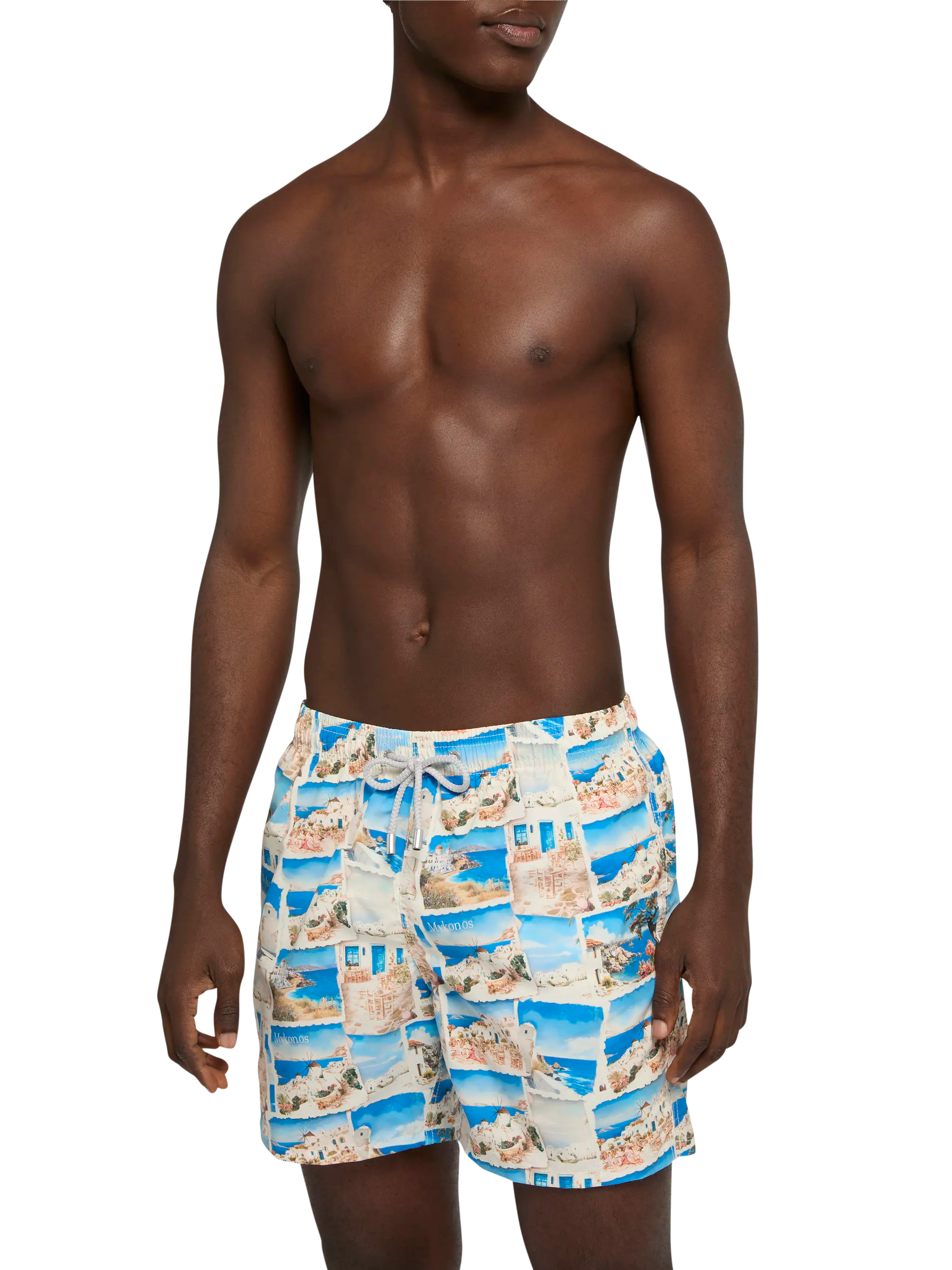 Mid-Length Gustavia Swim-Shorts With Mykonos Postcard Print | Ai Co-Created Design By Rickdick - Powered Red-Eye White Swimshort