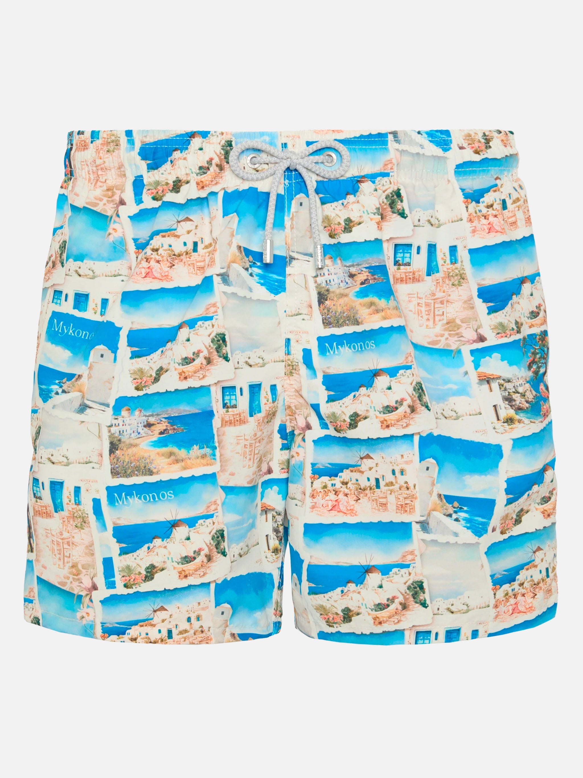 Mid-Length Gustavia Swim-Shorts With Mykonos Postcard Print | Ai Co-Created Design By Rickdick - Powered Red-Eye White Swimshort