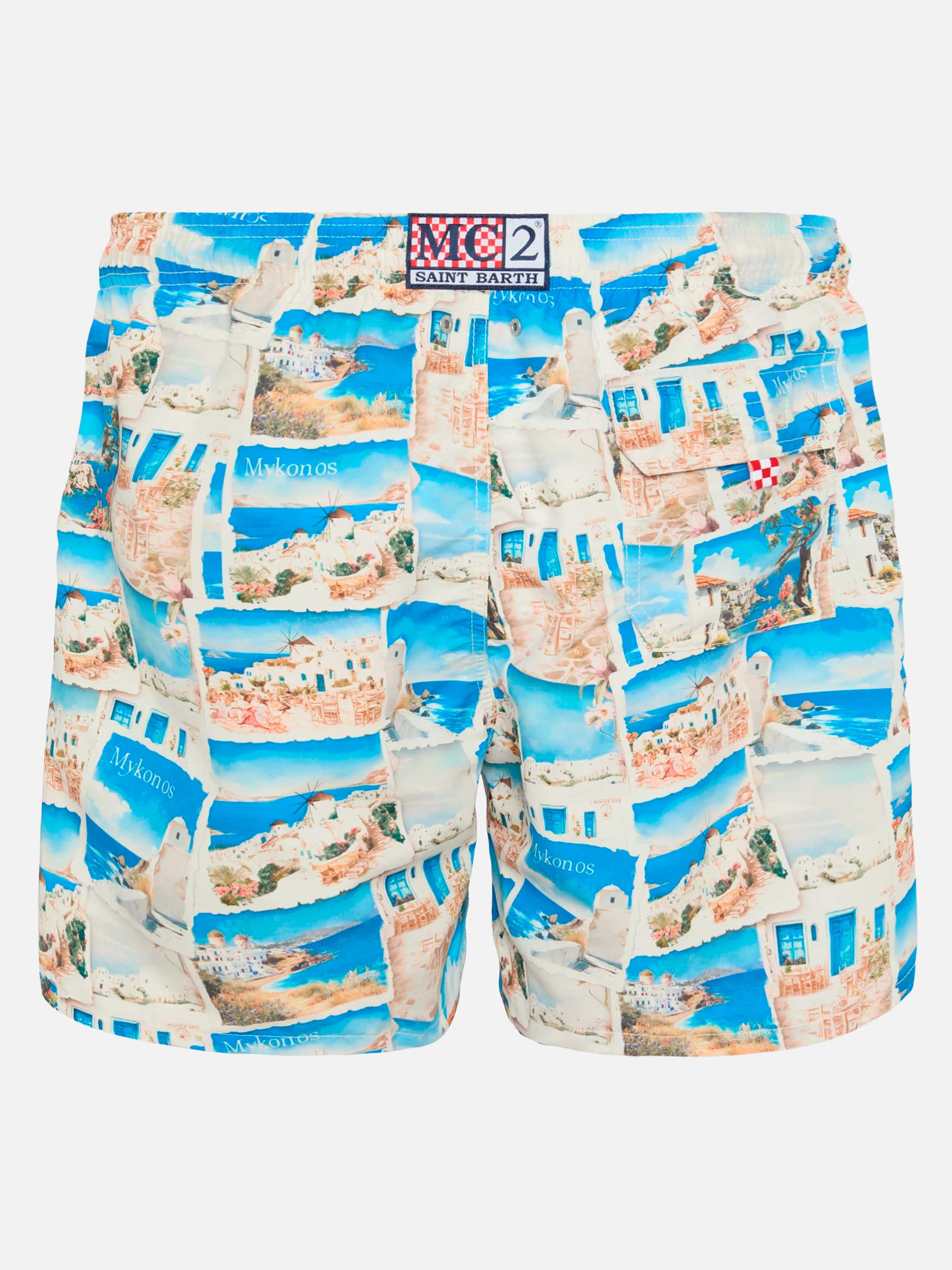 Mid-Length Gustavia Swim-Shorts With Mykonos Postcard Print | Ai Co-Created Design By Rickdick - Powered Red-Eye White Swimshort