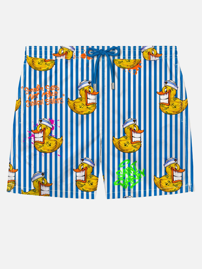 Man Classic Swim Shorts With Crypto Ducky Print | Puppets® Special Edition White Swimshort