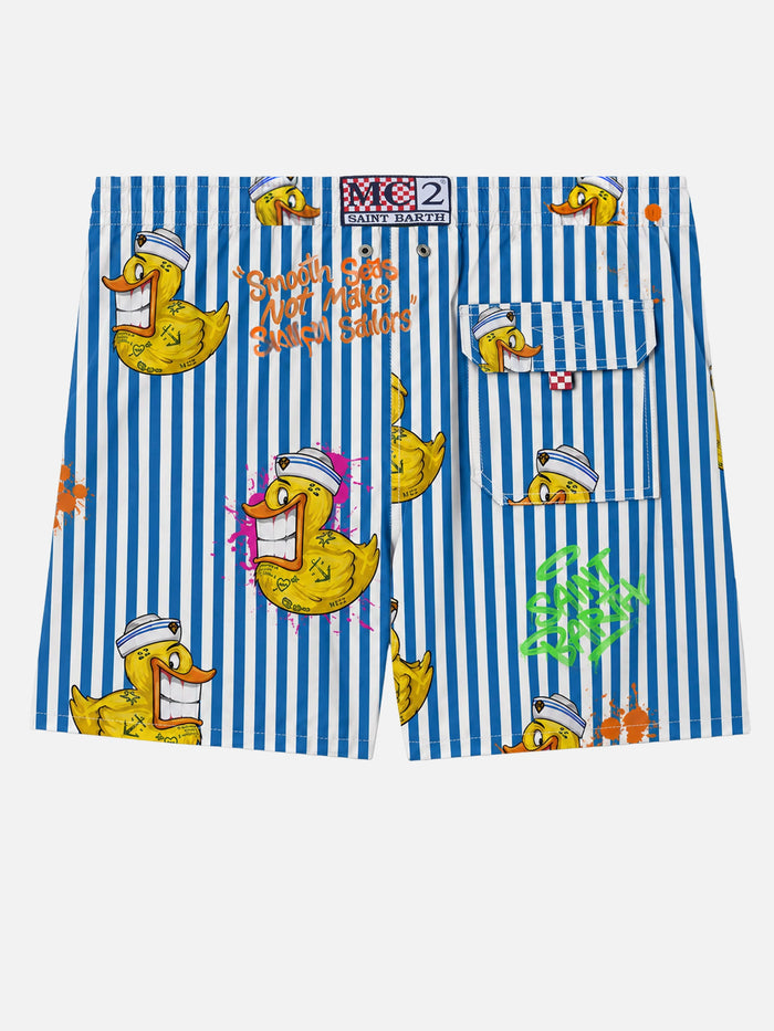 Man Classic Swim Shorts With Crypto Ducky Print | Puppets® Special Edition White Swimshort