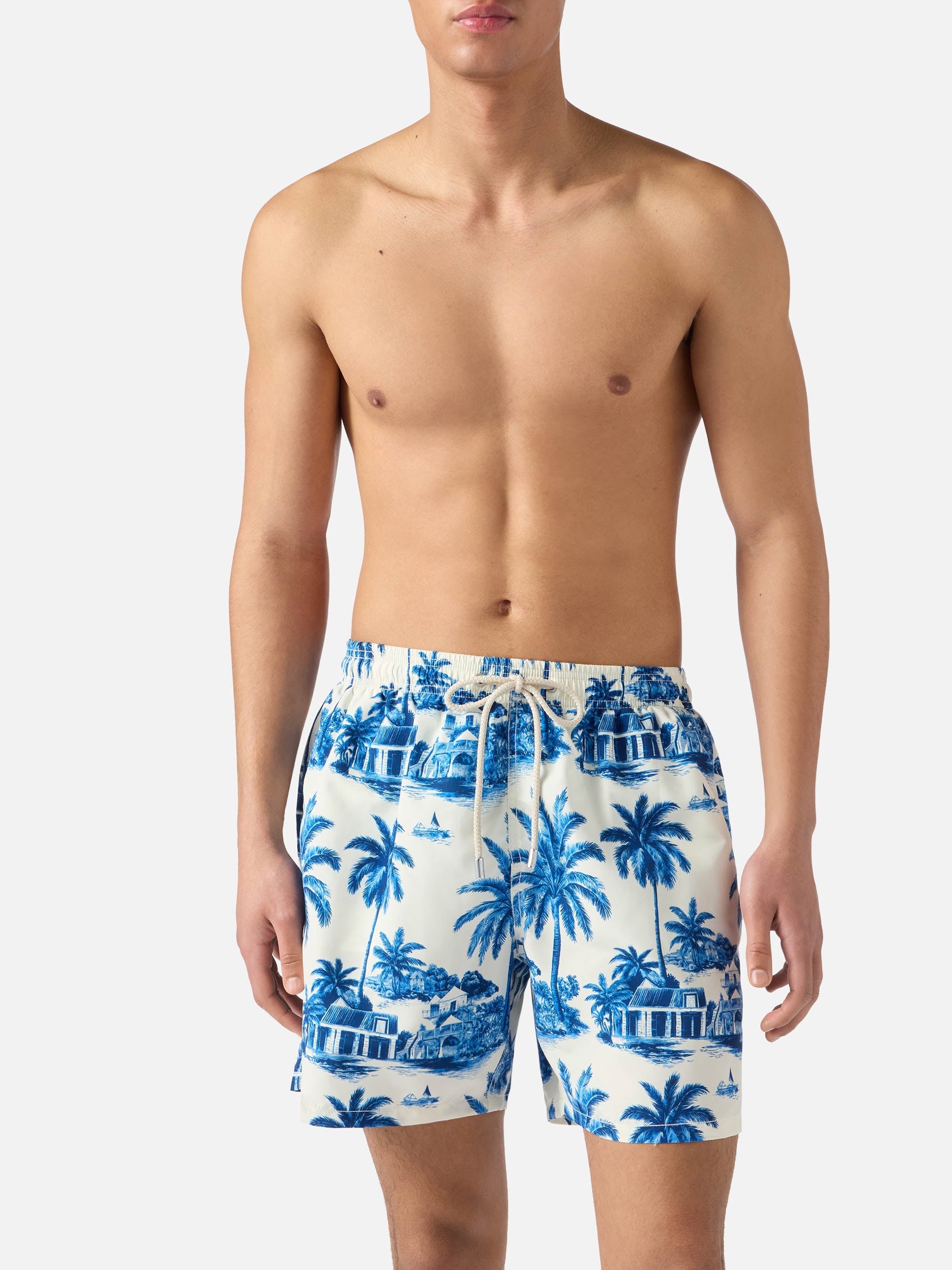Gustavia Swim Shorts With Blue Toile De Jouy Print | Special Edition Swimshort