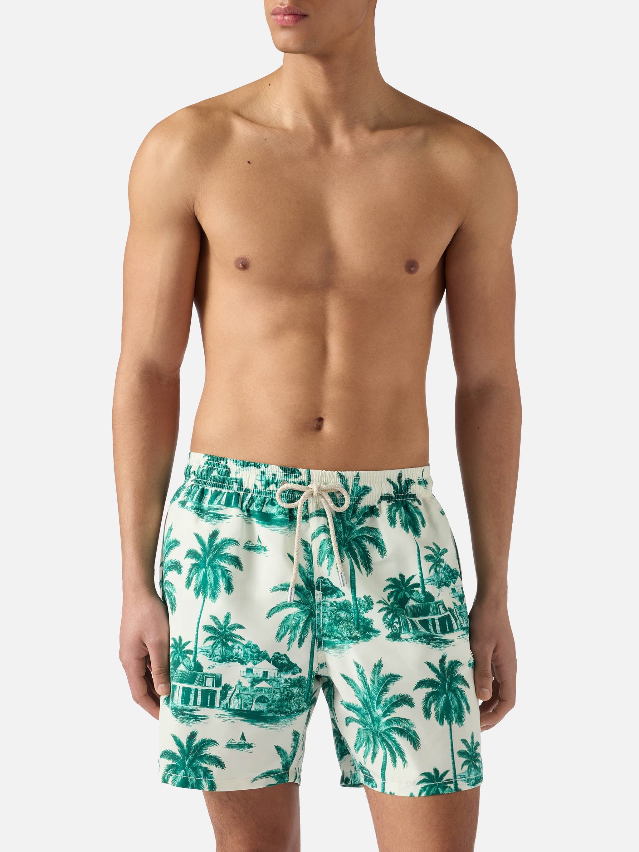 Gustavia Swim Shorts With Green Toile De Jouy Print | Special Edition White Swimshort