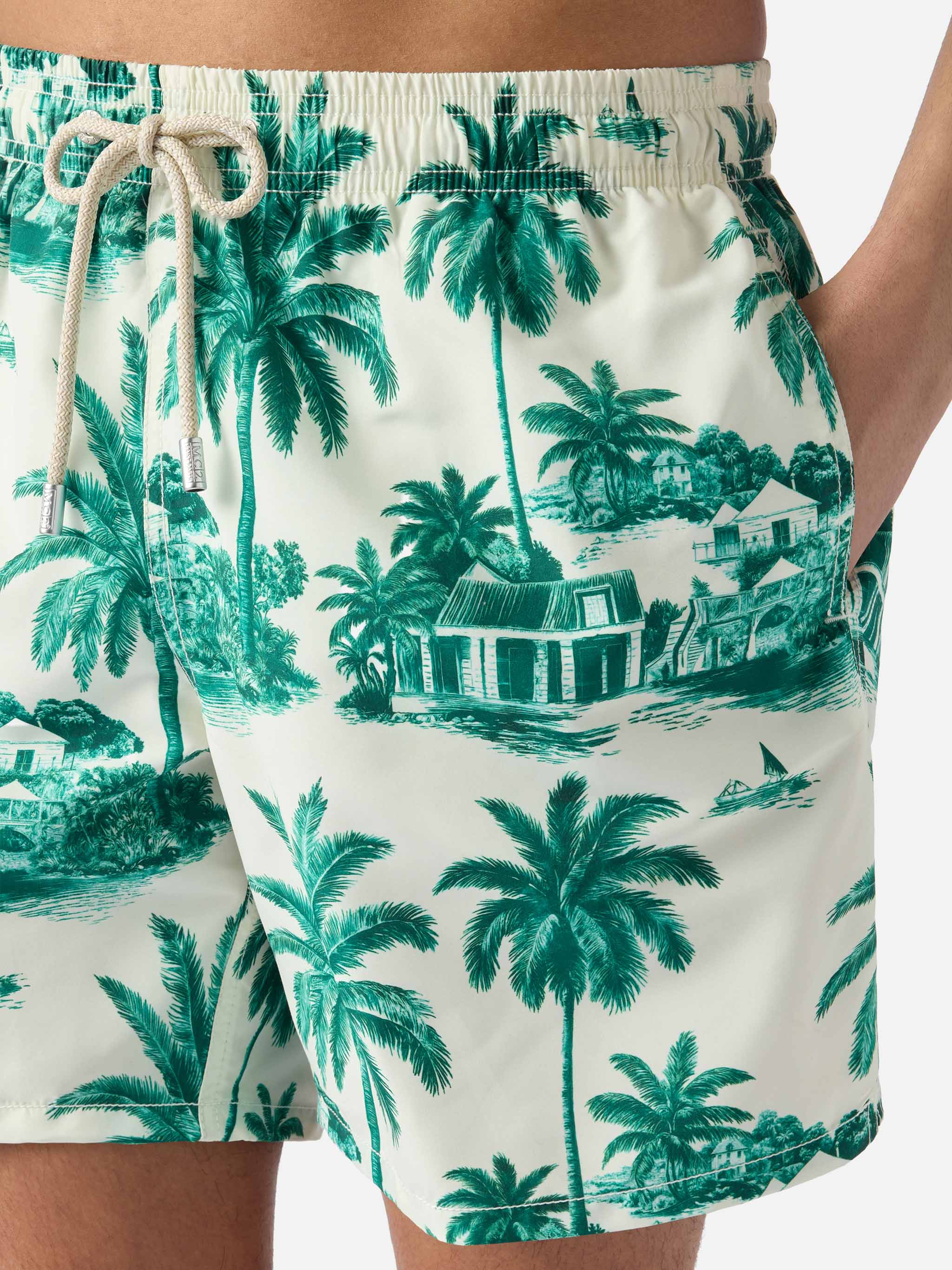 Gustavia Swim Shorts With Green Toile De Jouy Print | Special Edition White Swimshort