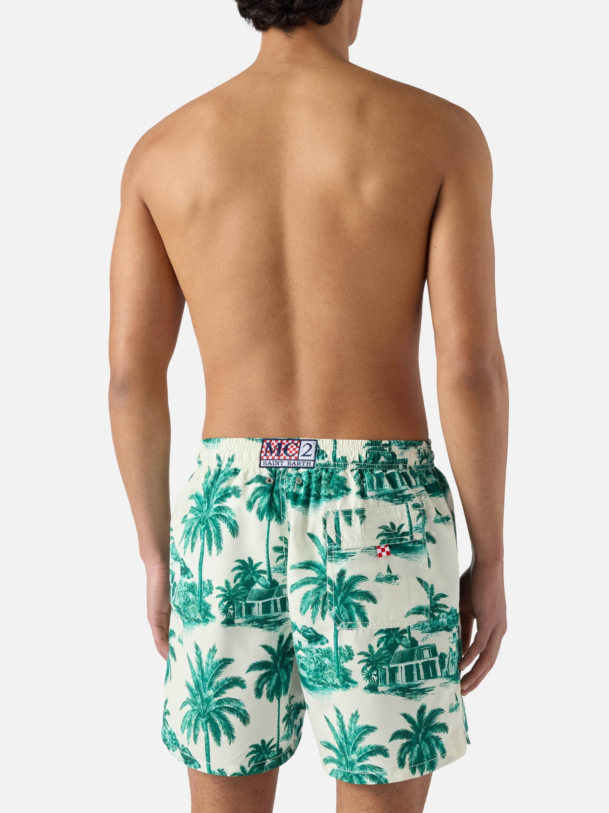 Gustavia Swim Shorts With Green Toile De Jouy Print | Special Edition White Swimshort