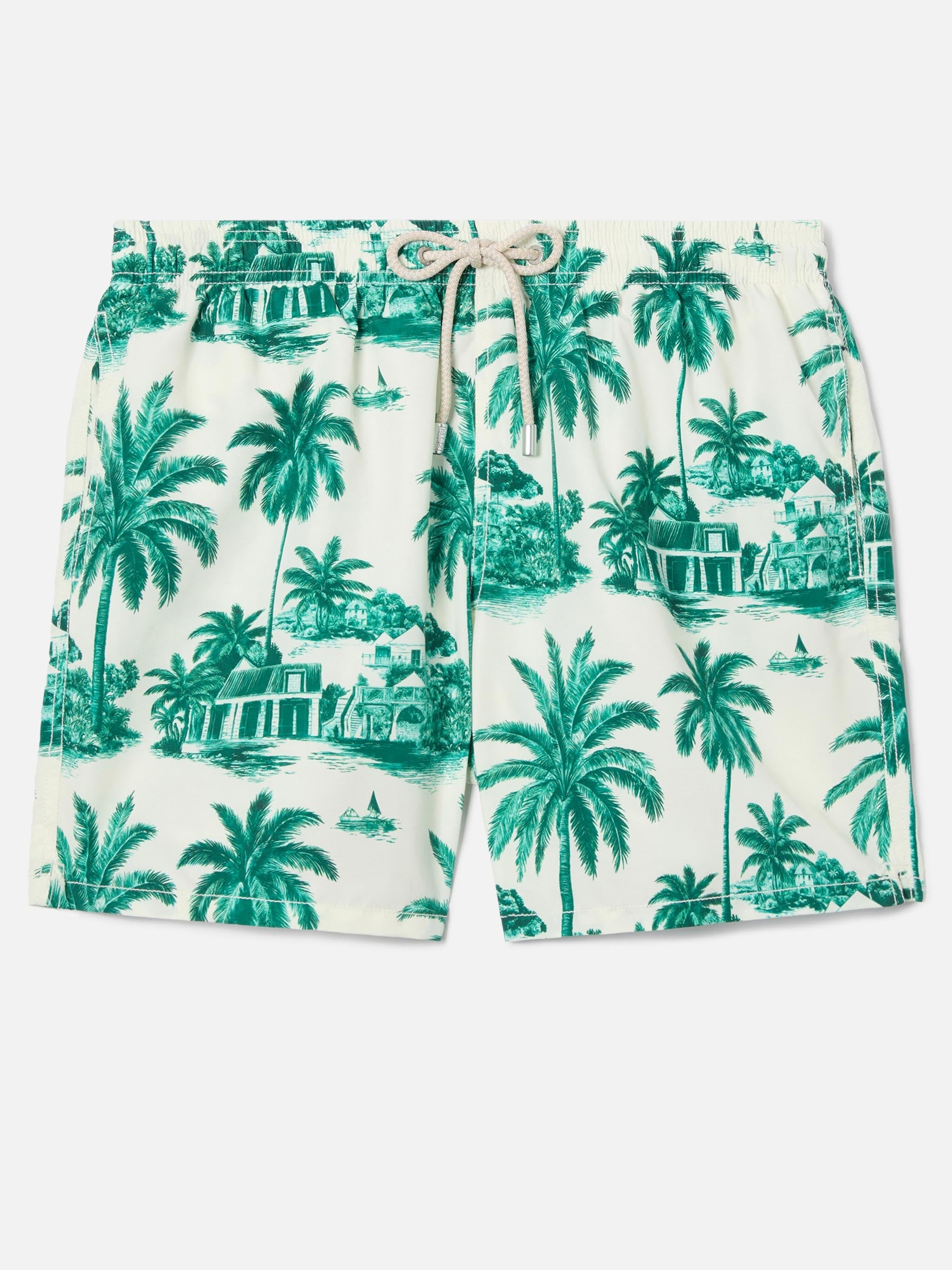 Gustavia Swim Shorts With Green Toile De Jouy Print | Special Edition White Swimshort