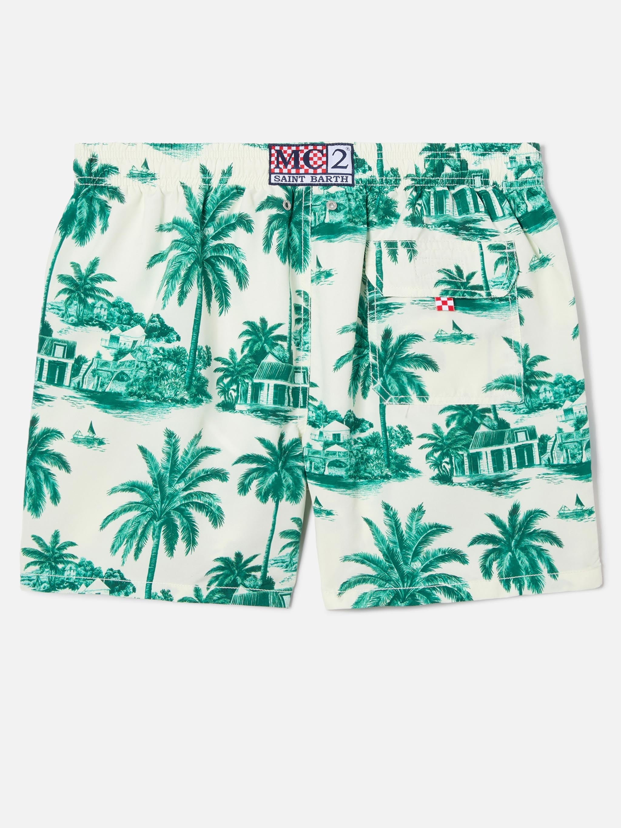 Gustavia Swim Shorts With Green Toile De Jouy Print | Special Edition White Swimshort