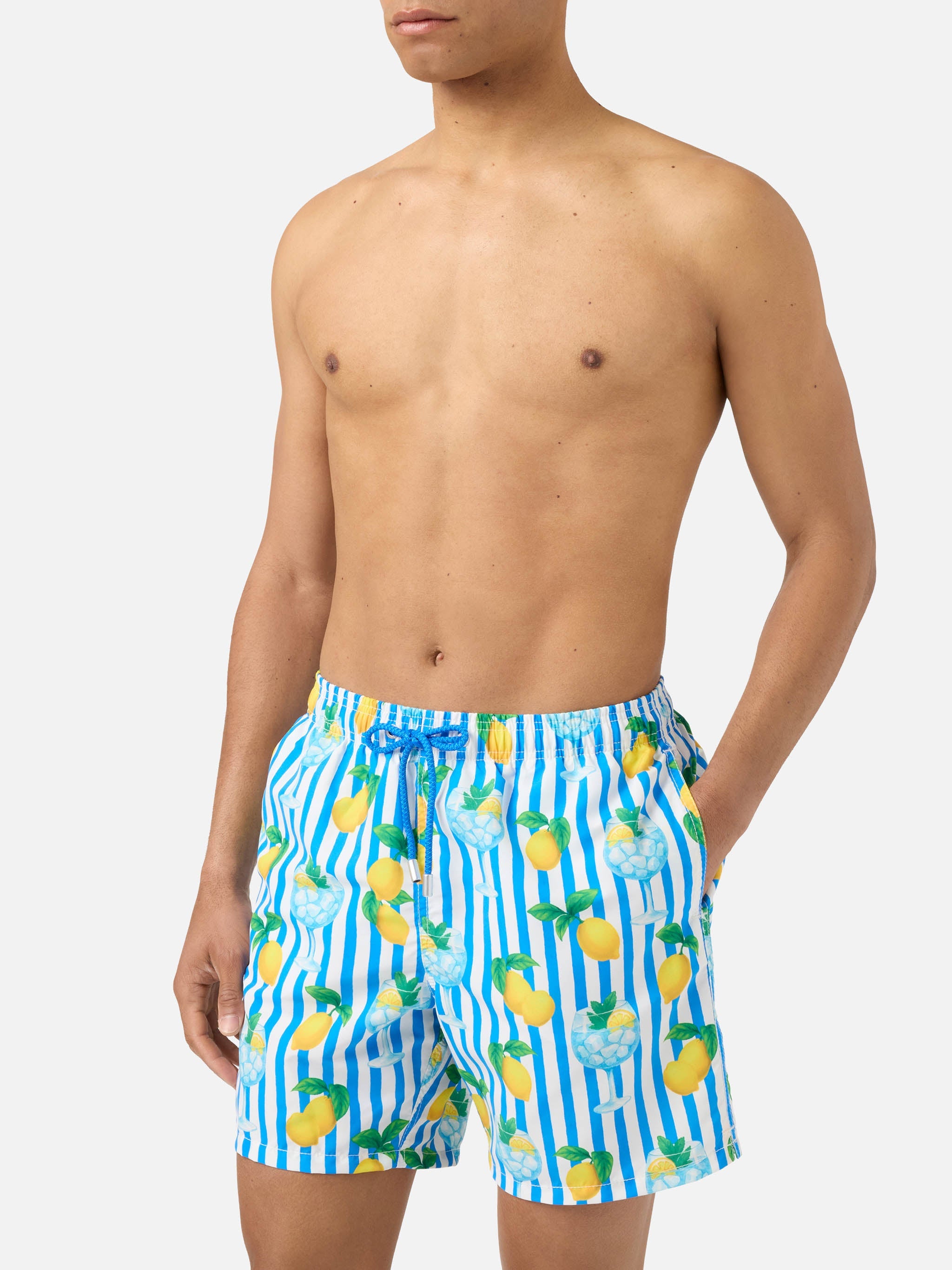 Gustavia Striped Swim Shorts With Gin Tonic And Lemon Print Blue Swimshort