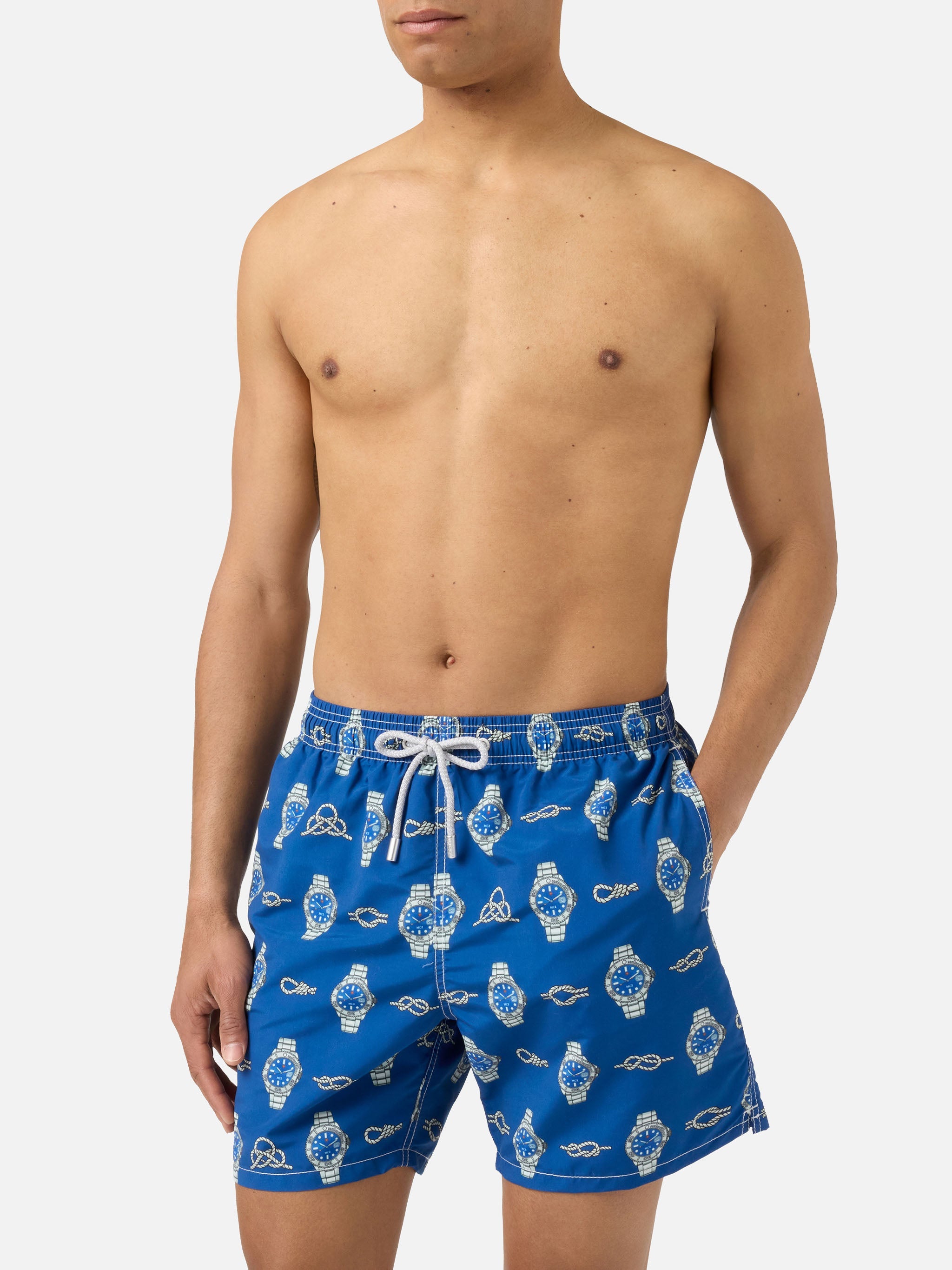 Gustavia Swim Shorts With Watches And Nautical Knots Print Blue Swimshort