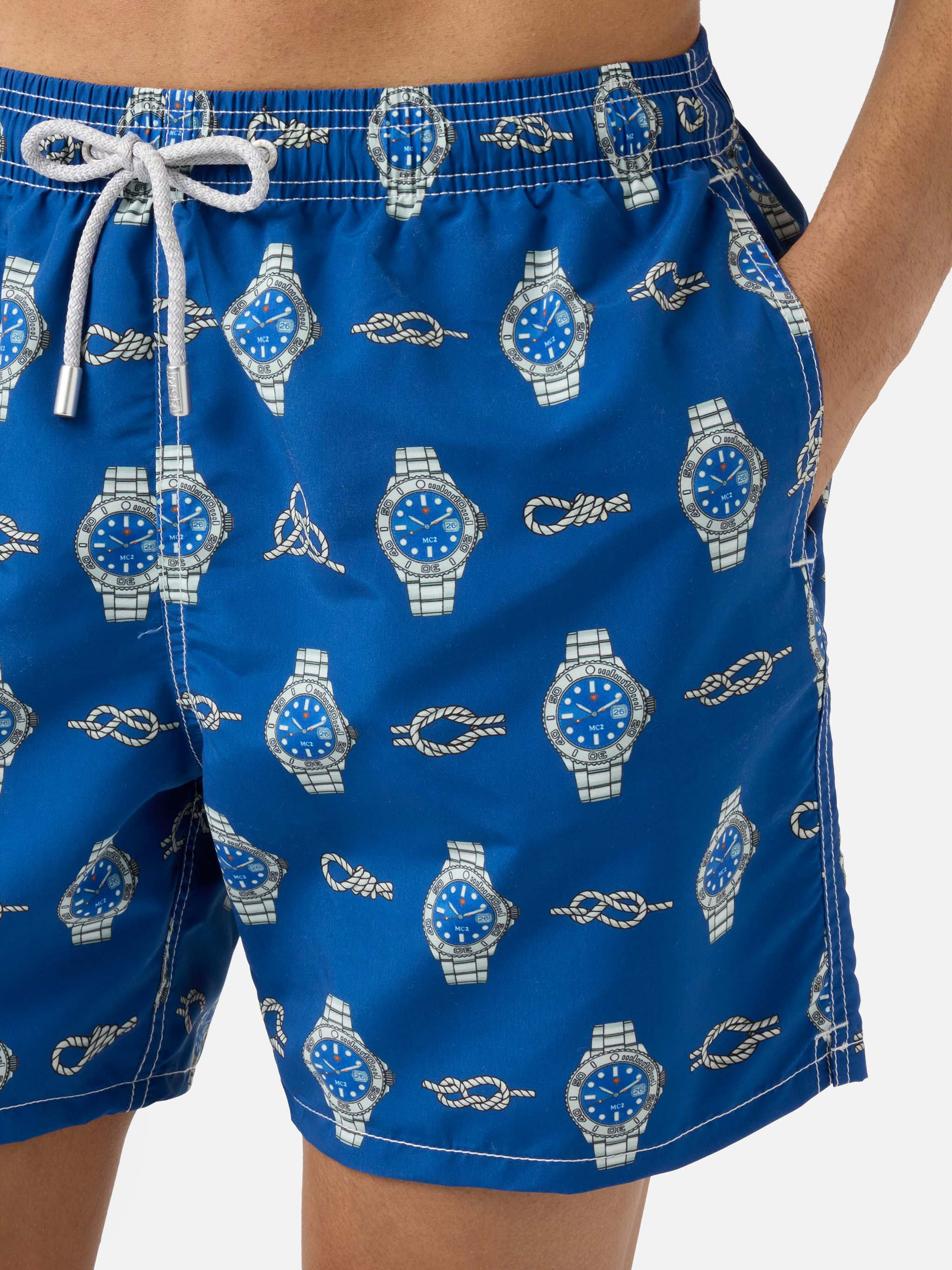 Gustavia Swim Shorts With Watches And Nautical Knots Print Blue Swimshort