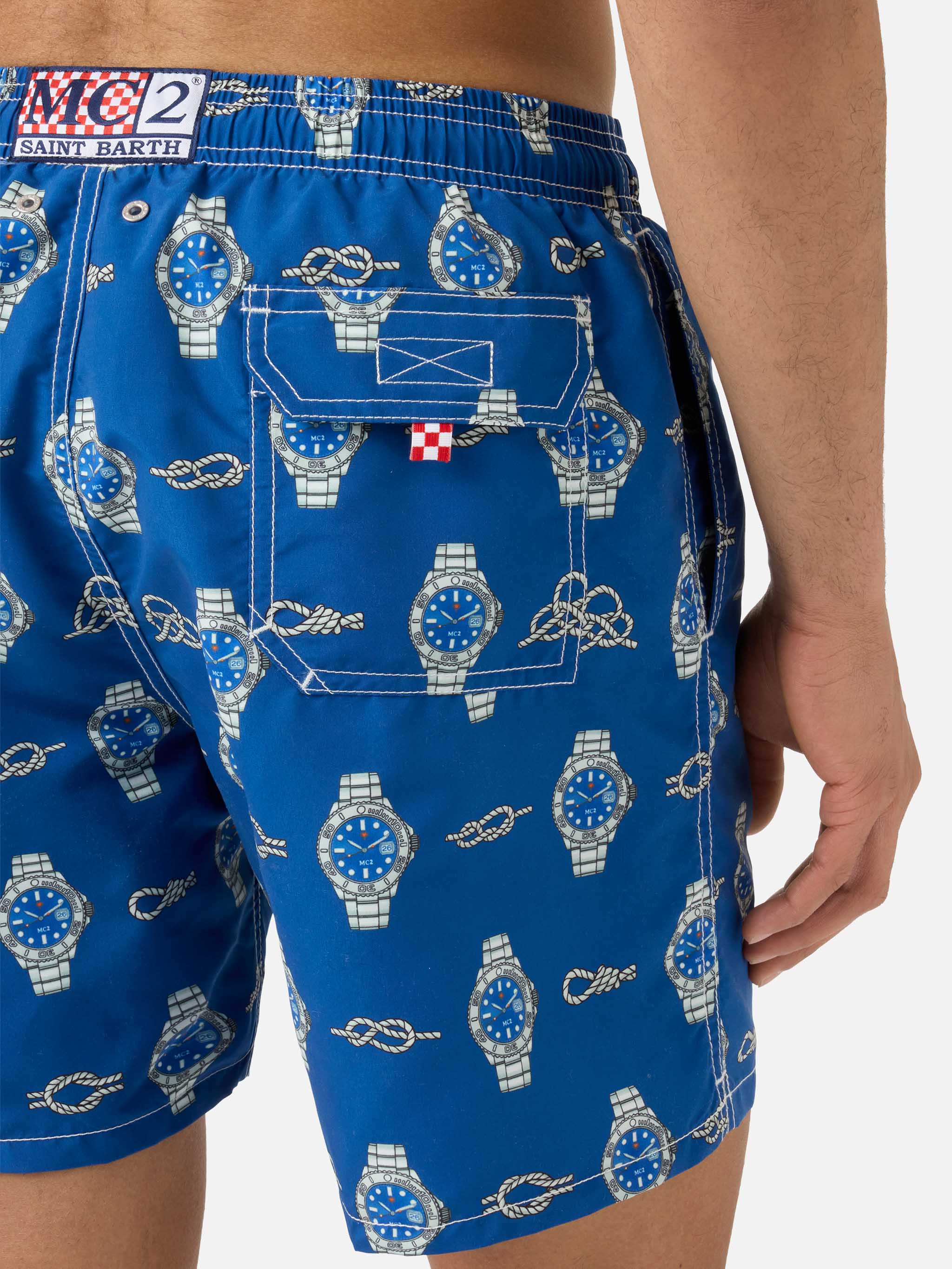 Gustavia Swim Shorts With Watches And Nautical Knots Print Blue Swimshort