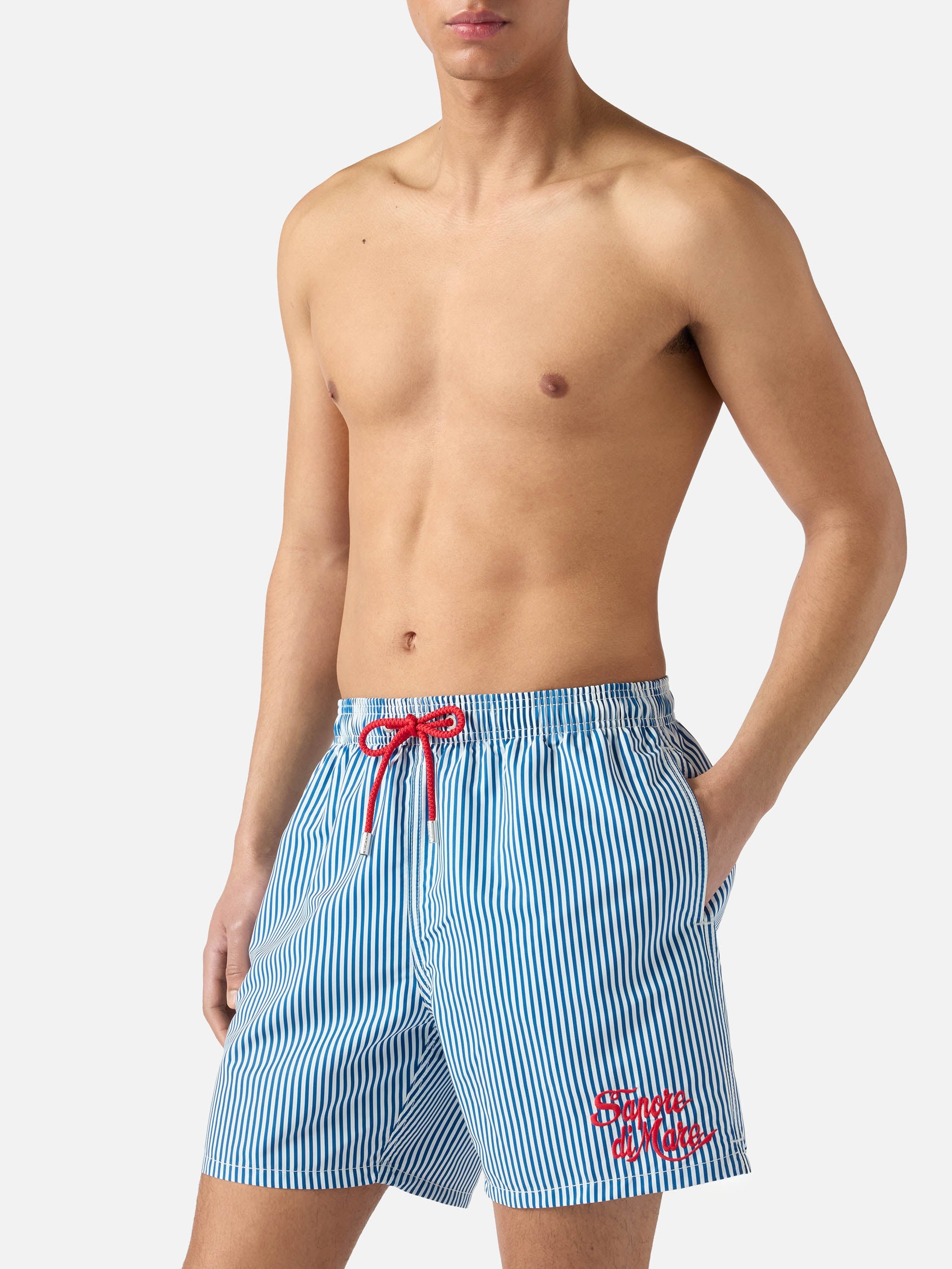 Gustavia Blue Striped Swim Shorts With Sapore Di Mare Embroidery | Special Edition Swimshort