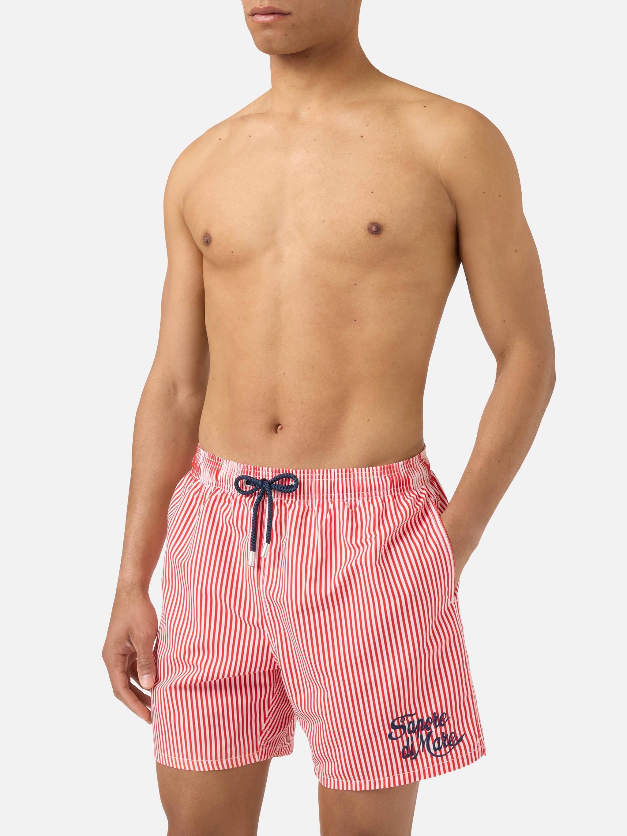 Gustavia Red Striped Swim Shorts With Sapore Di Mare Embroidery | Special Edition Swimshort