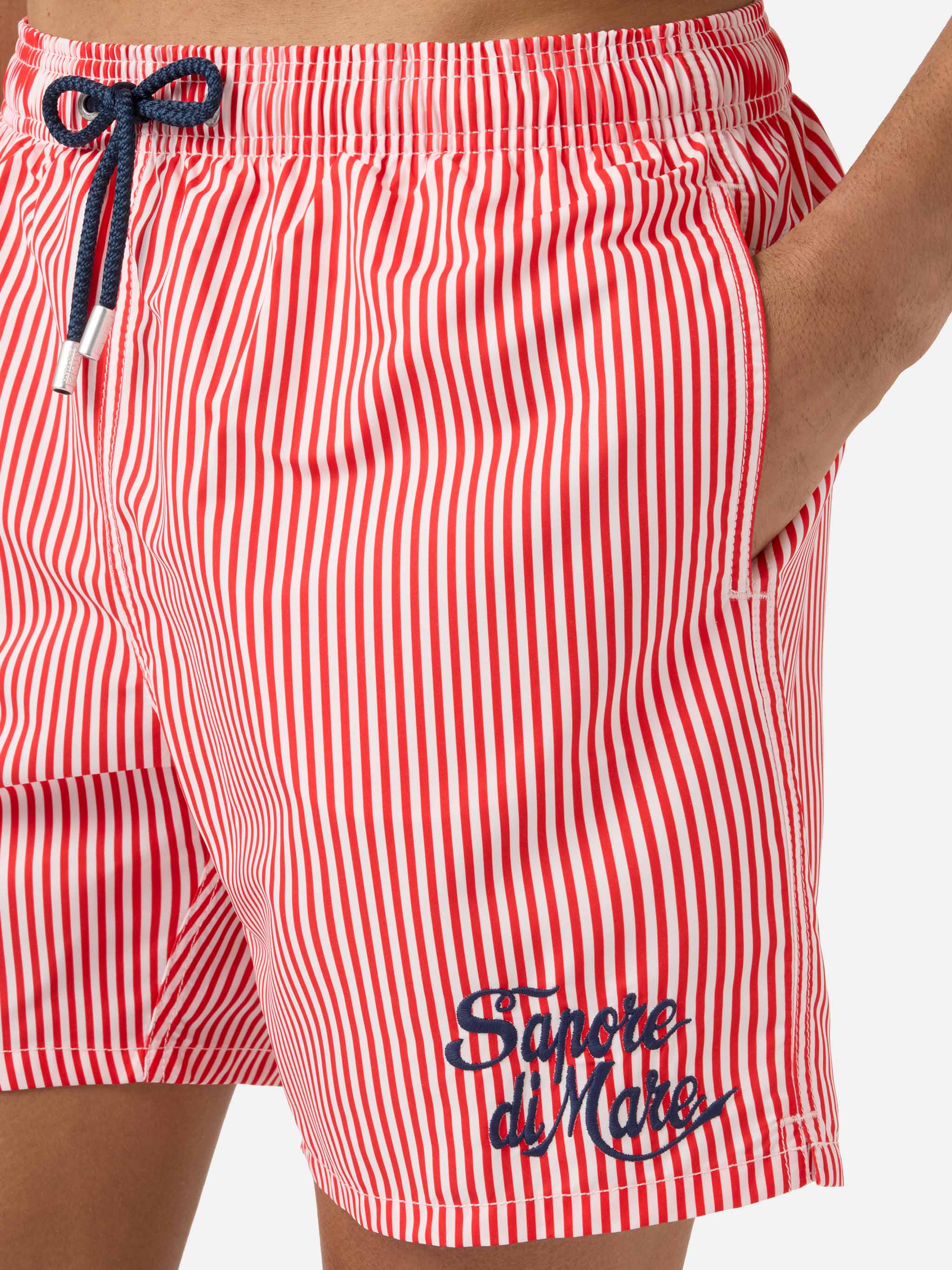 Gustavia Red Striped Swim Shorts With Sapore Di Mare Embroidery | Special Edition Swimshort