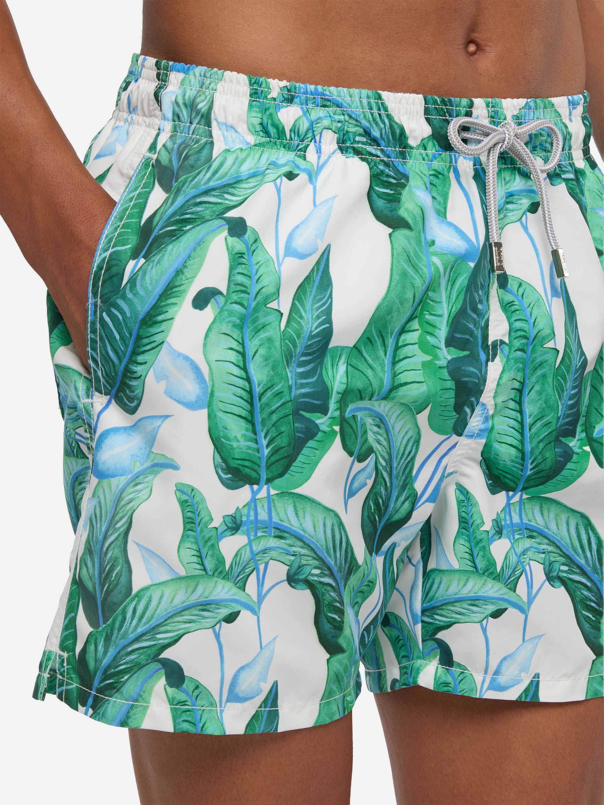 Tropical Leaf Print Mid-Length Swim Shorts Green Swimshort