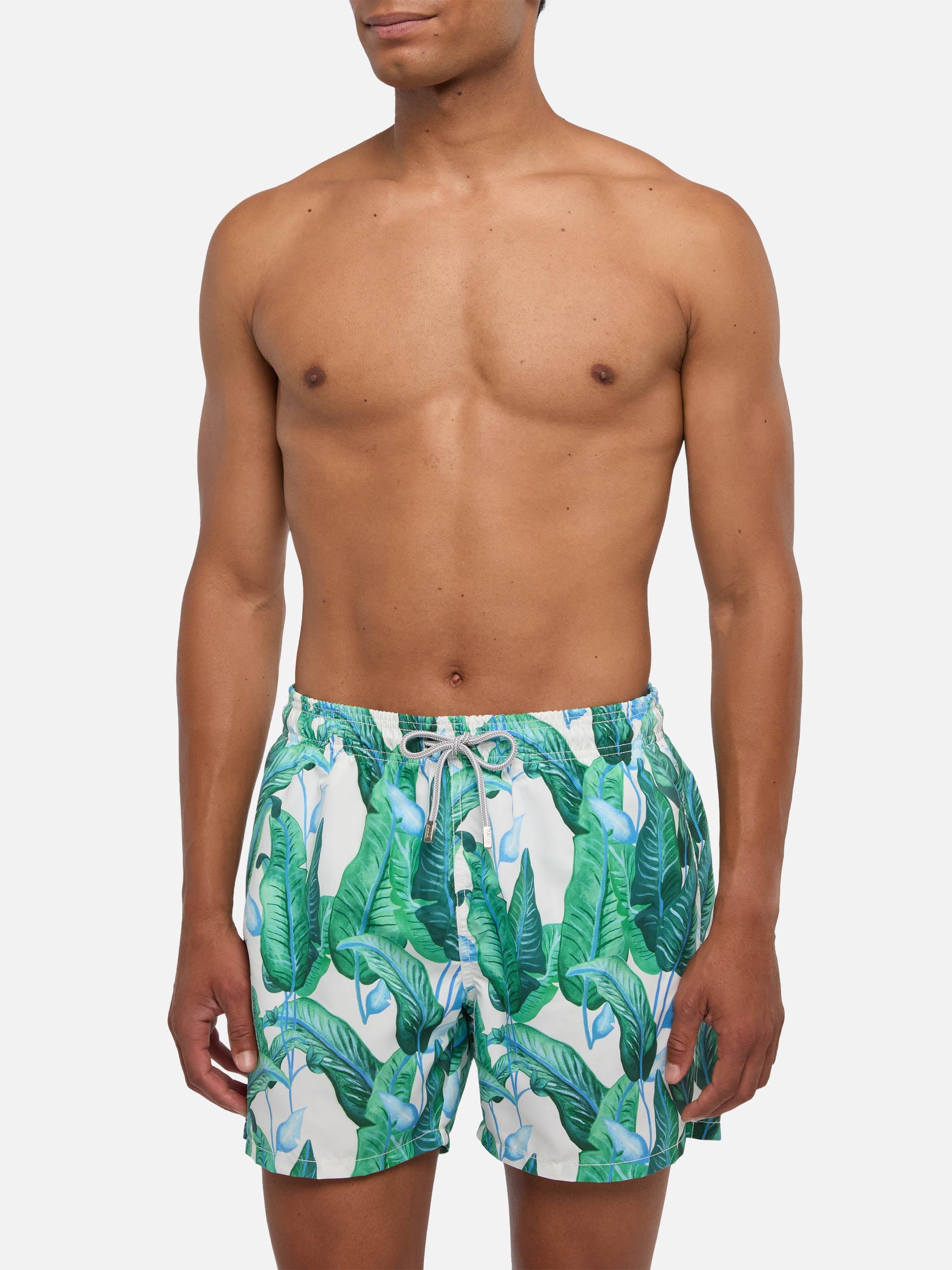 Tropical Leaf Print Mid-Length Swim Shorts Green Swimshort