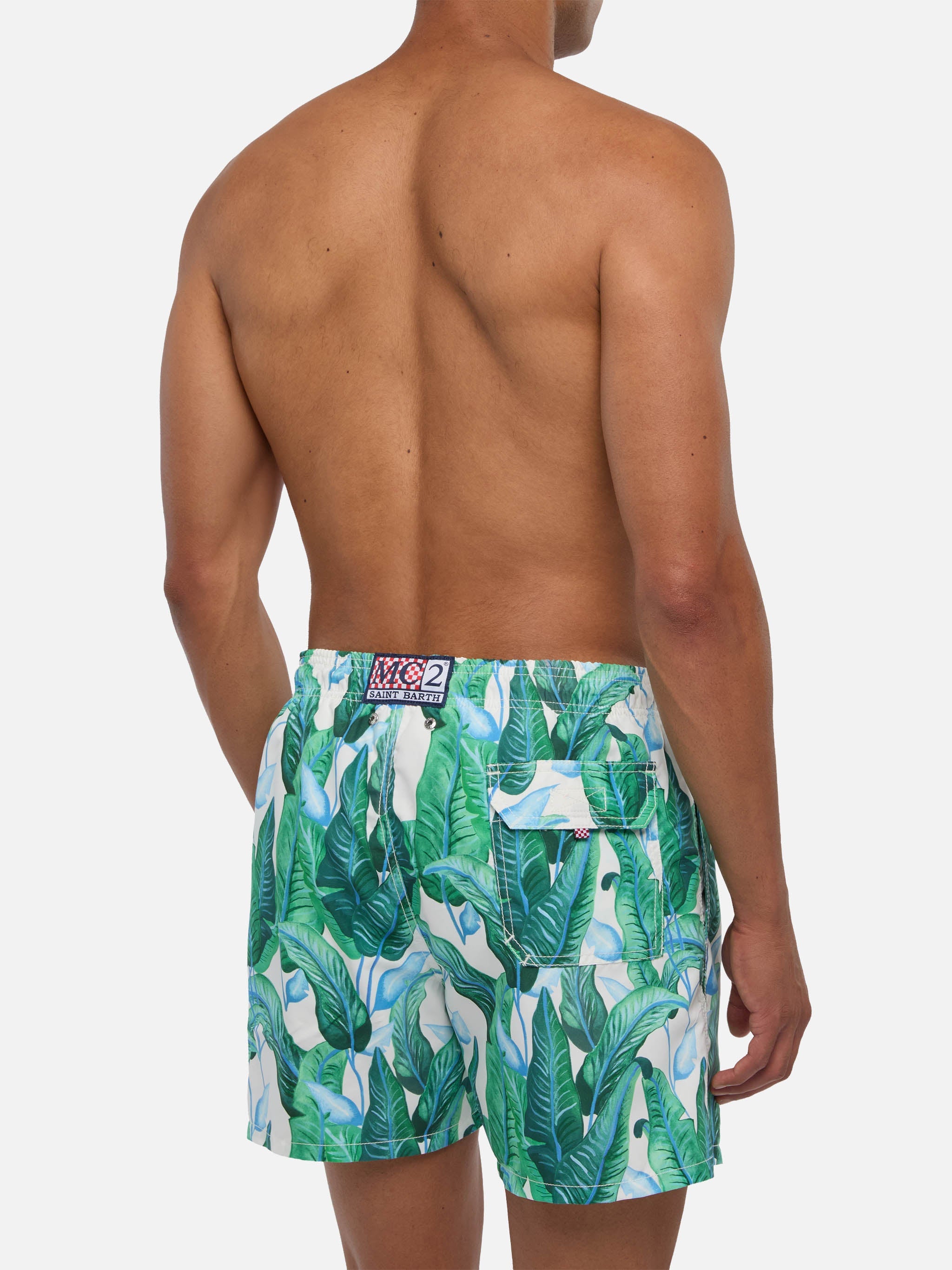 Tropical Leaf Print Mid-Length Swim Shorts Green Swimshort