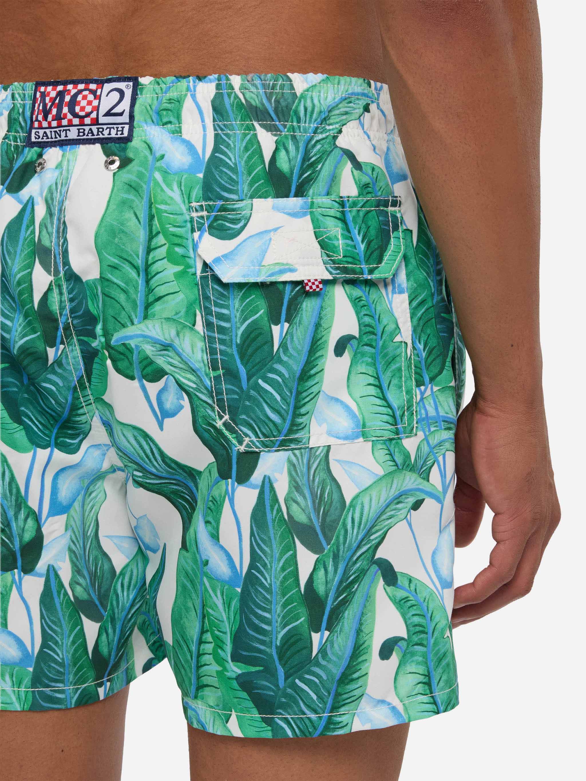 Tropical Leaf Print Mid-Length Swim Shorts Green Swimshort