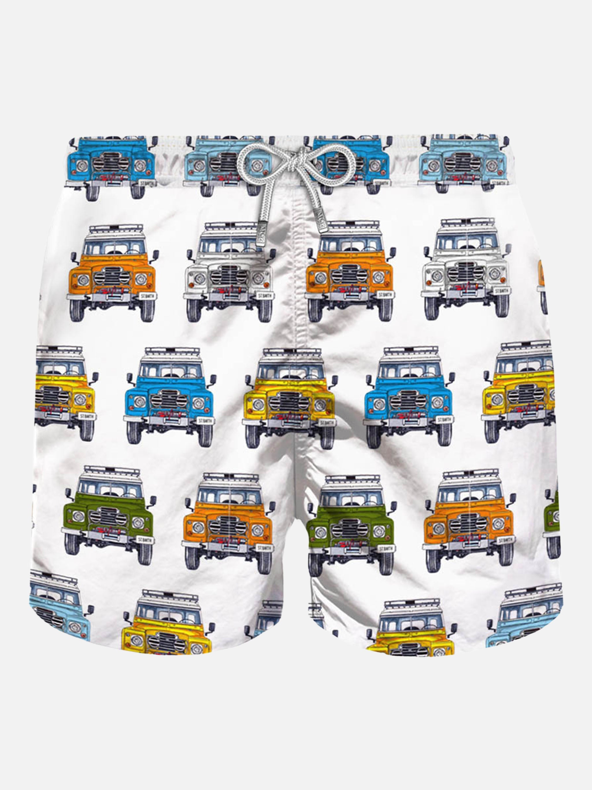 Man Swim Shorts Safari Car Print White Swimshort