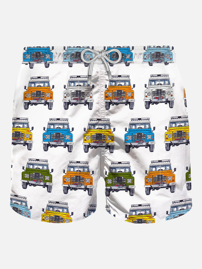 Man Swim Shorts Safari Car Print White Swimshort