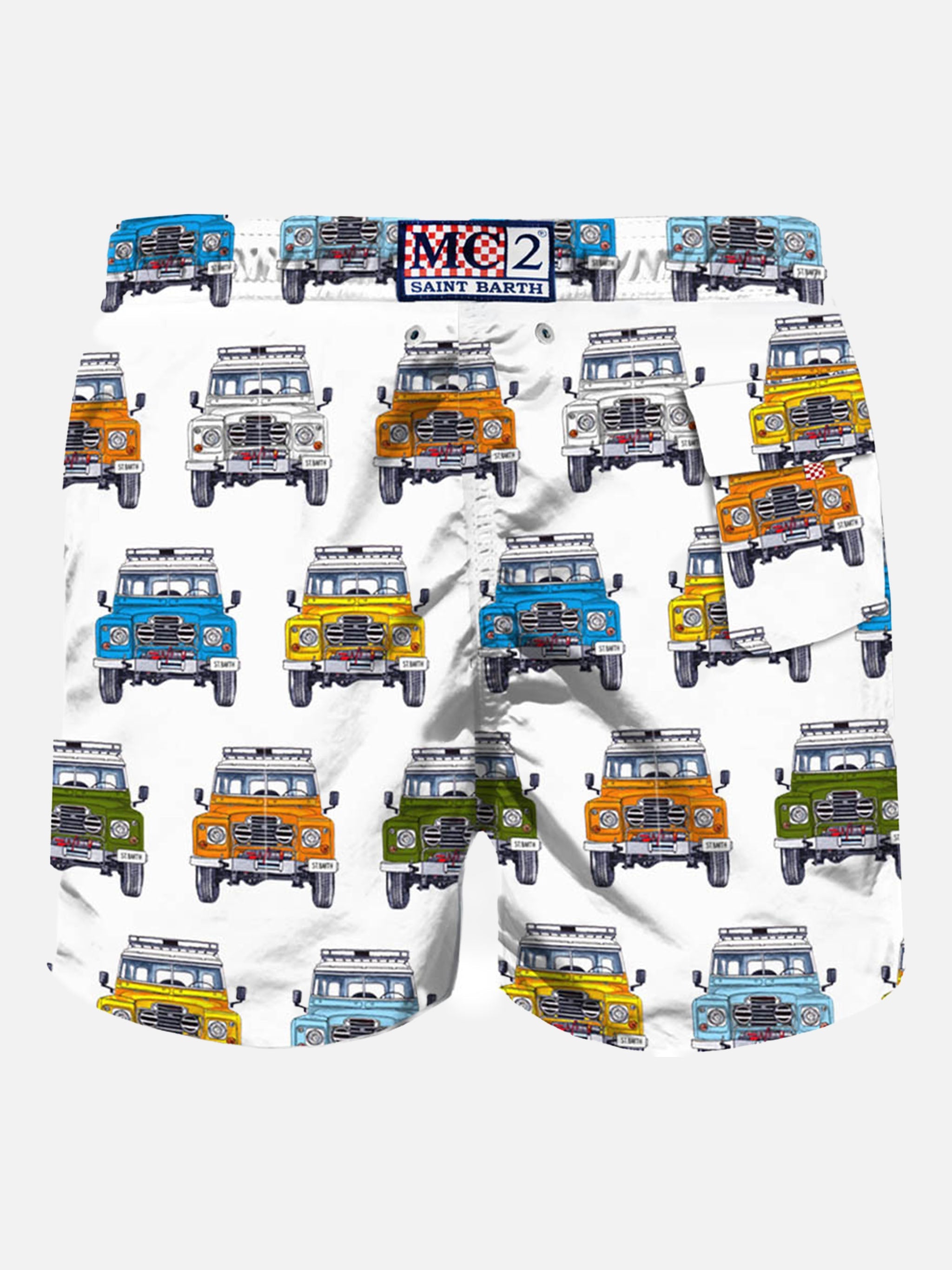 Man Swim Shorts Safari Car Print White Swimshort