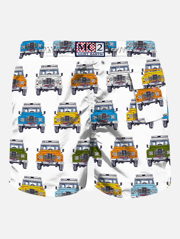 Man Swim Shorts Safari Car Print White Swimshort
