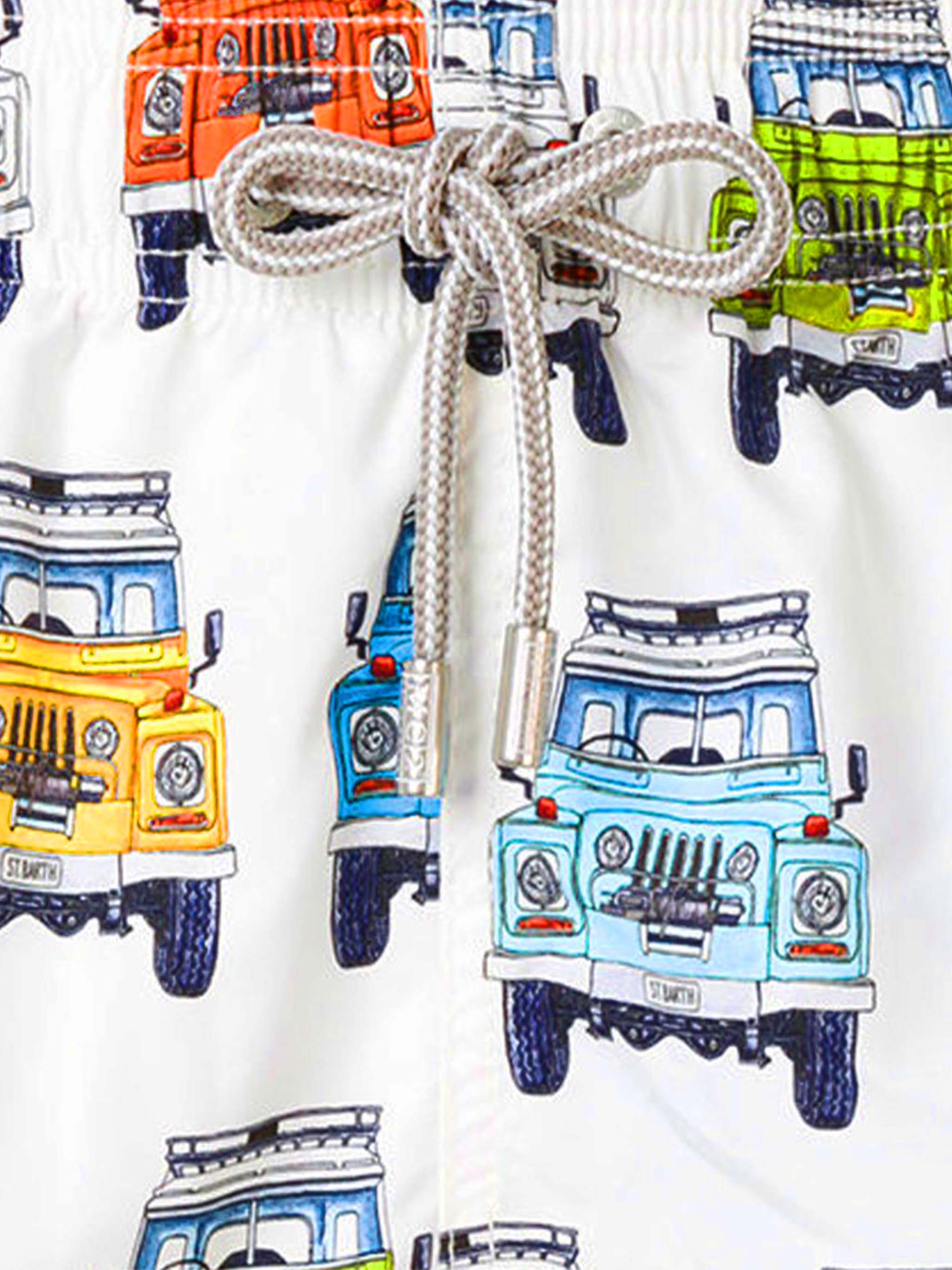 Man Swim Shorts Safari Car Print White Swimshort