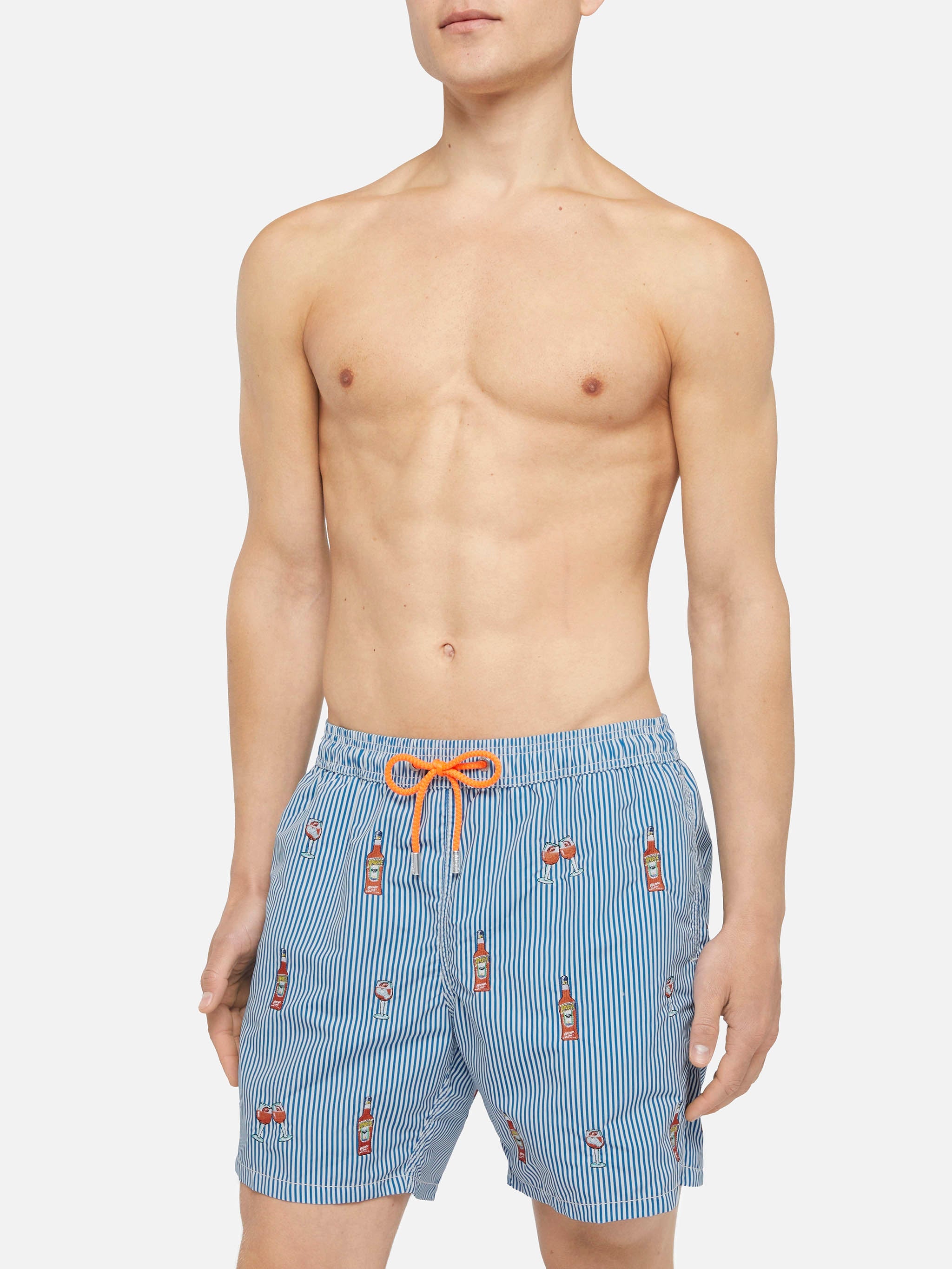 Mid-Length Striped Gustavia Swim-Shorts With Aperol Spritz Embroidery | Special Edition Blue Swimshort