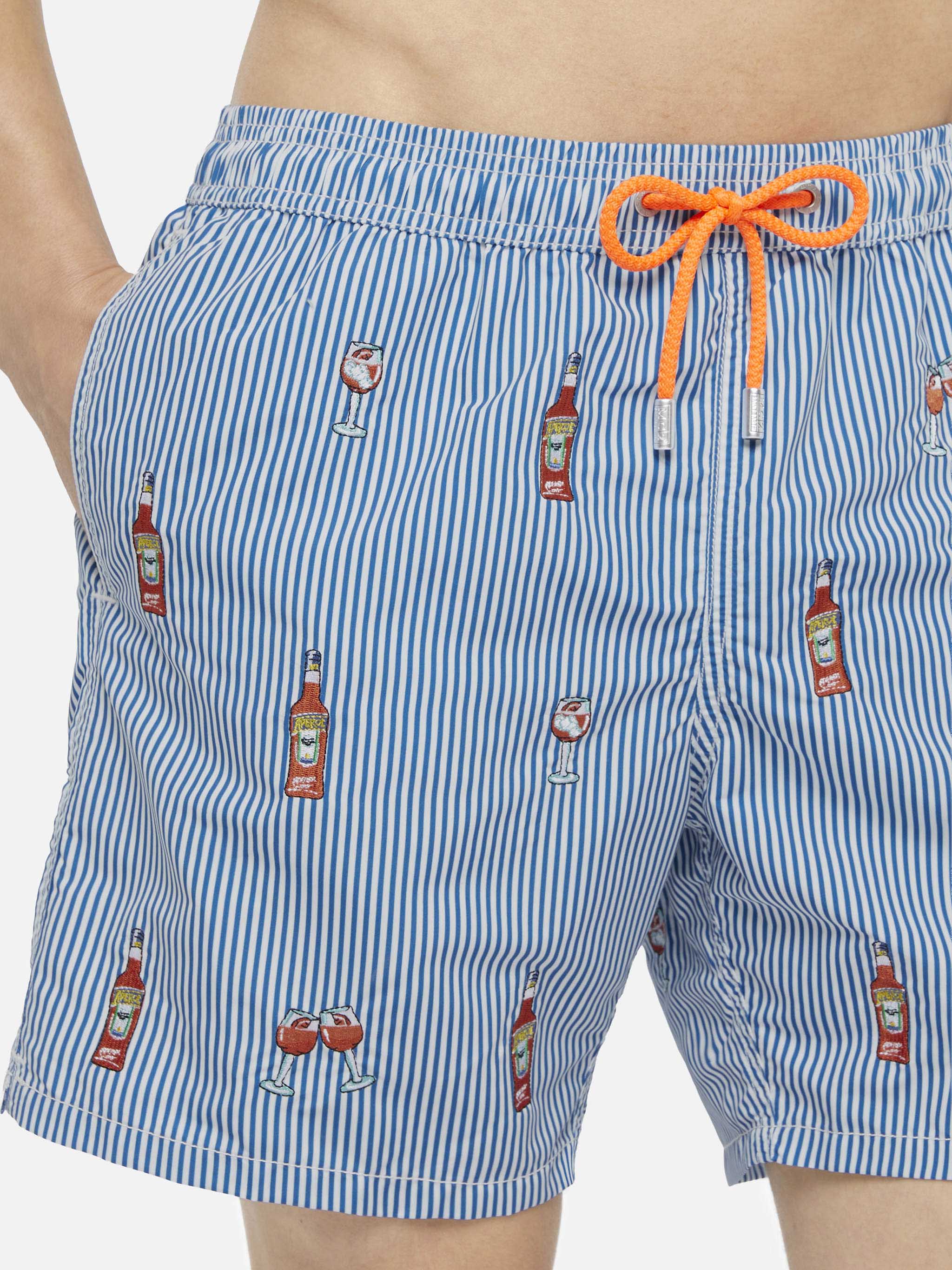 Mid-Length Striped Gustavia Swim-Shorts With Aperol Spritz Embroidery | Special Edition Blue Swimshort