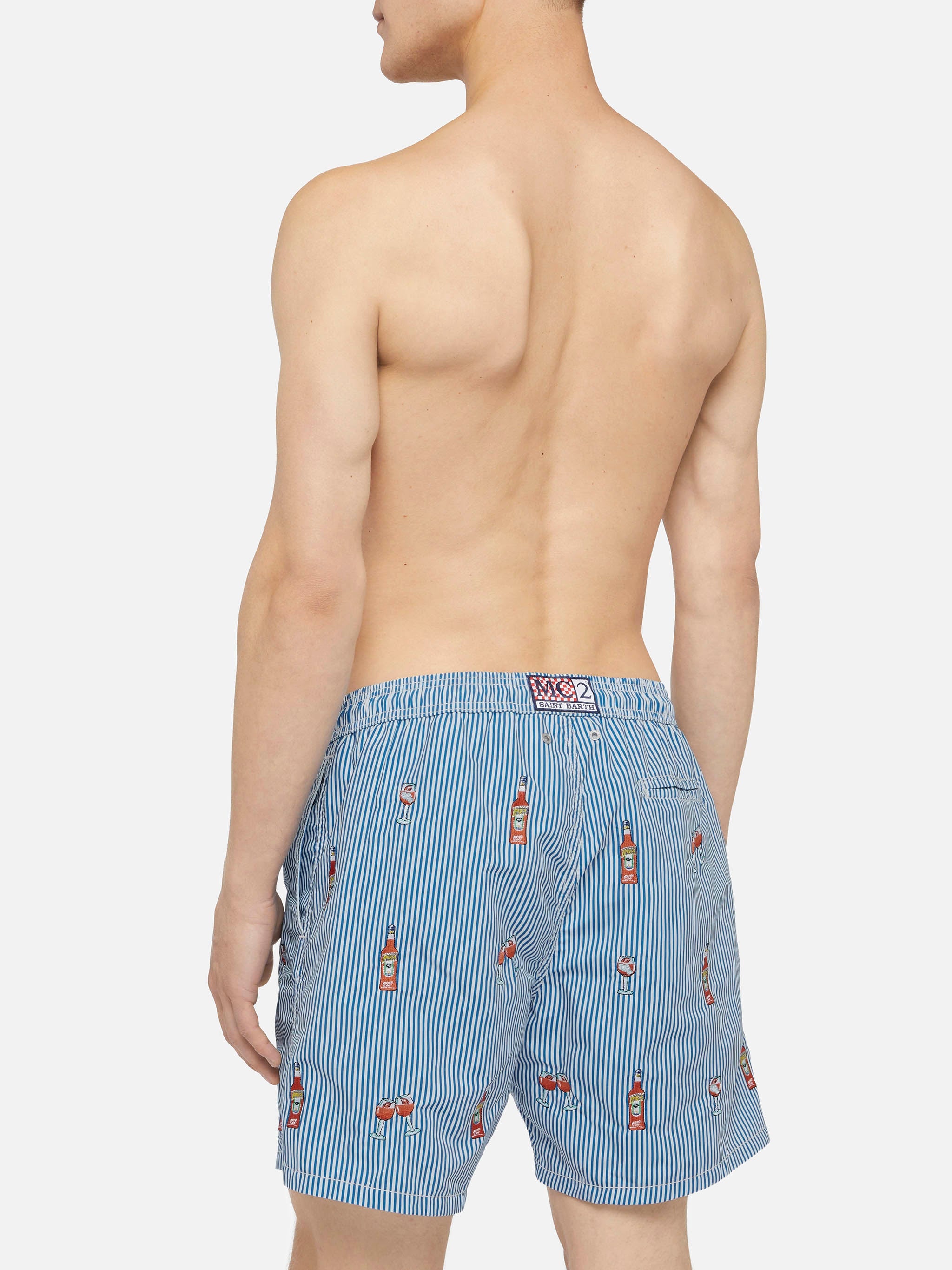 Mid-Length Striped Gustavia Swim-Shorts With Aperol Spritz Embroidery | Special Edition Blue Swimshort