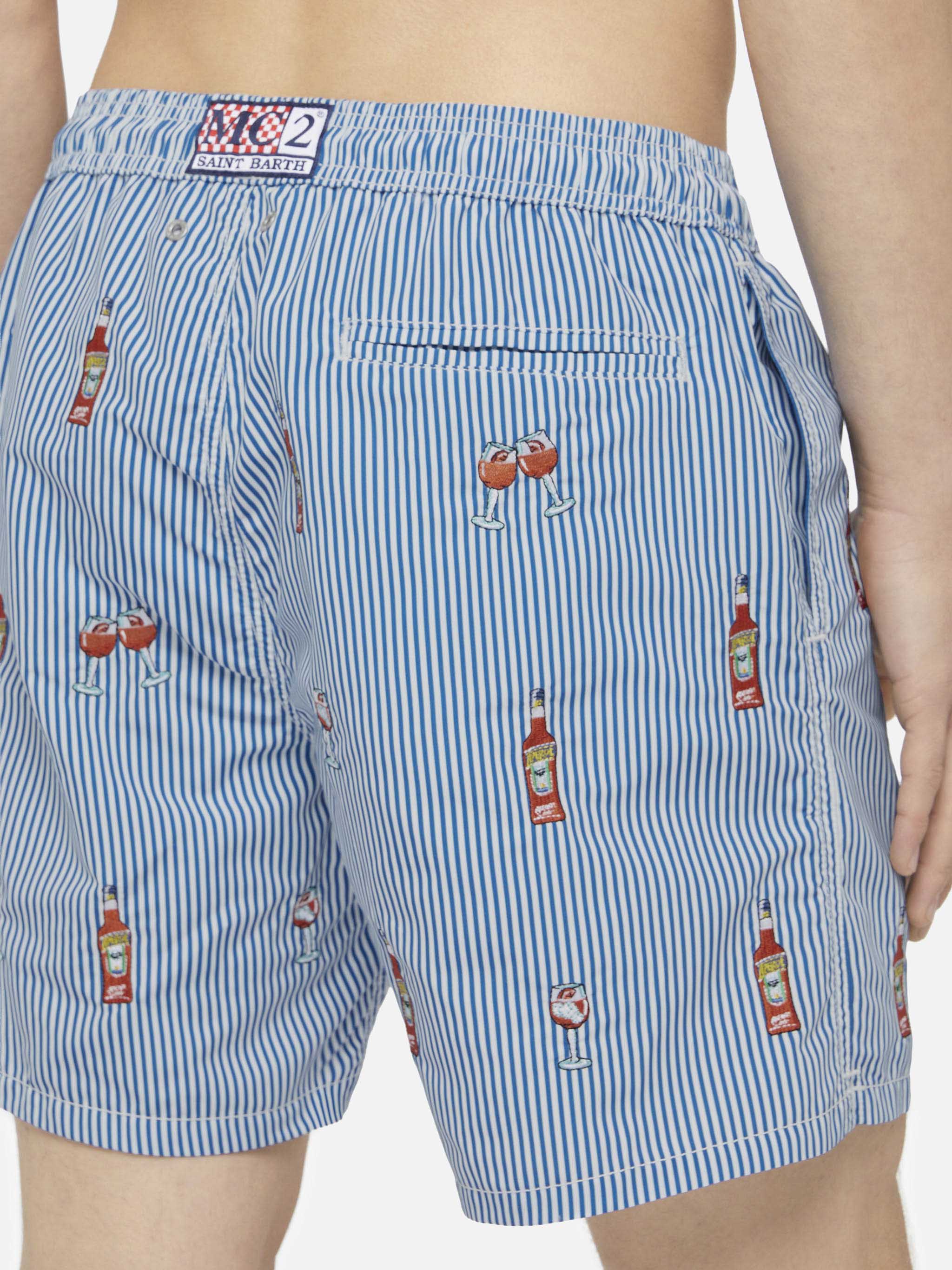 Mid-Length Striped Gustavia Swim-Shorts With Aperol Spritz Embroidery | Special Edition Blue Swimshort