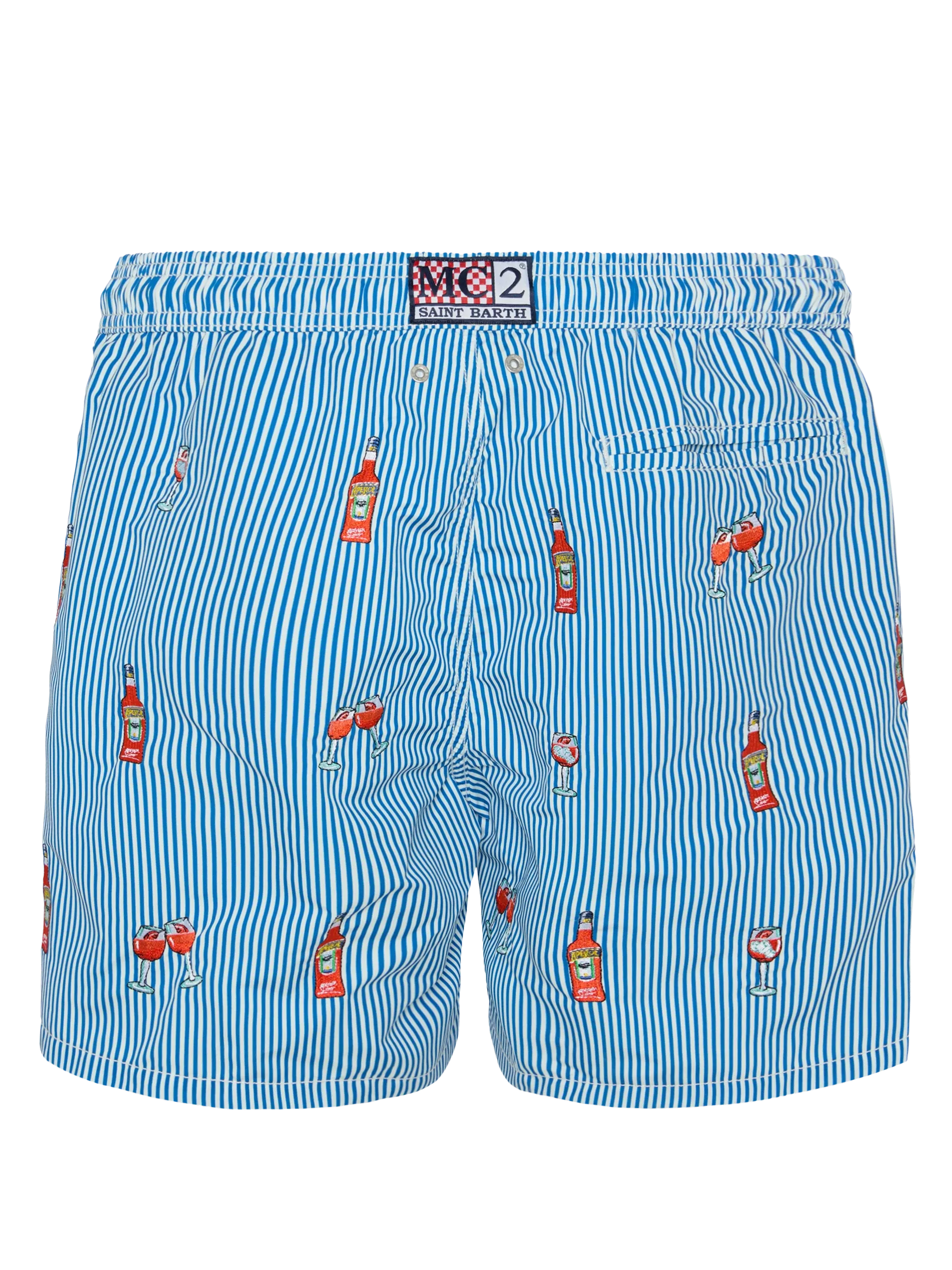 Mid-Length Striped Gustavia Swim-Shorts With Aperol Spritz Embroidery | Special Edition Blue Swimshort