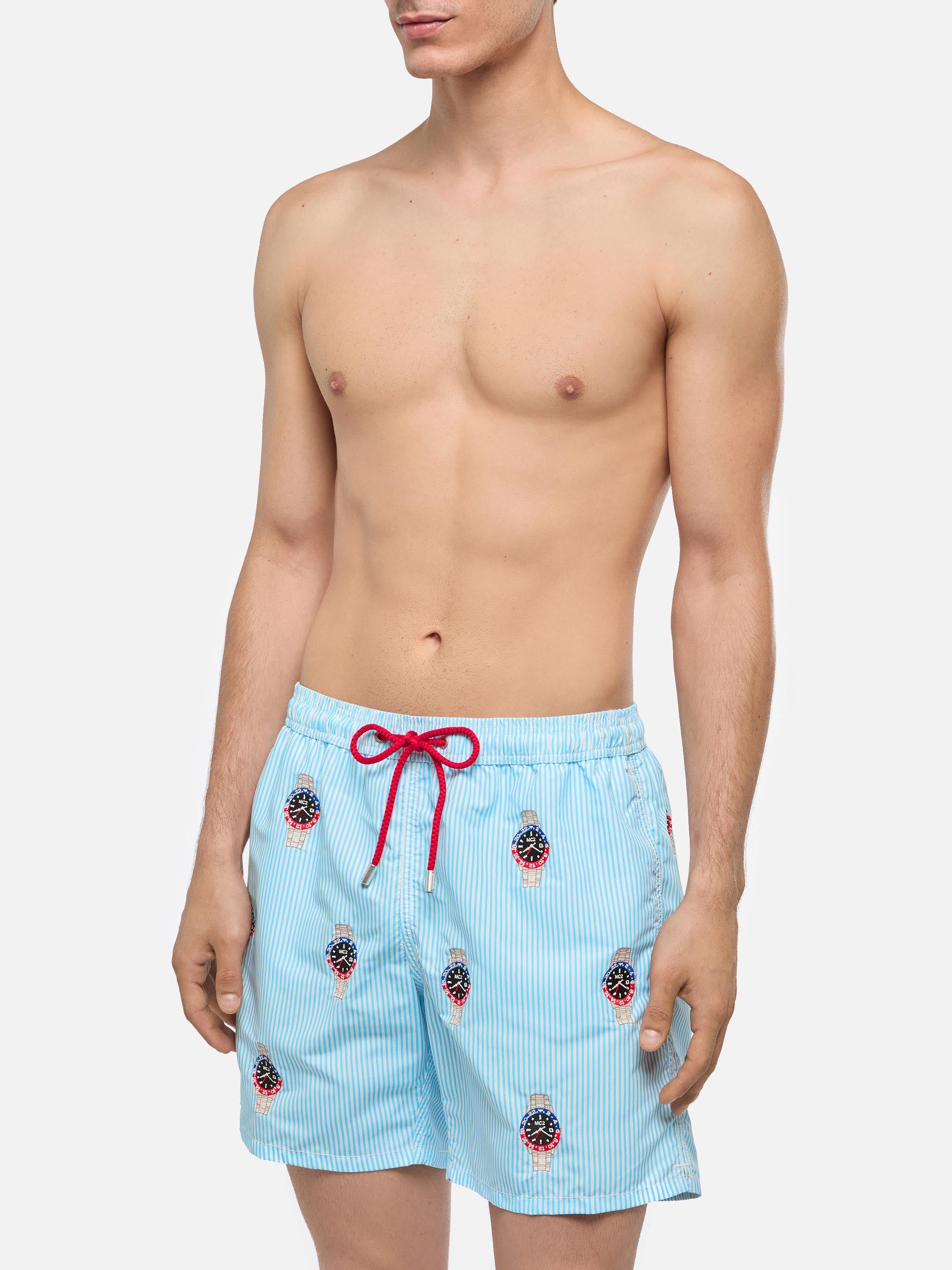 Mid-Length Striped Gustavia Swim-Shorts With Watches Embroidery Blue Swimshort