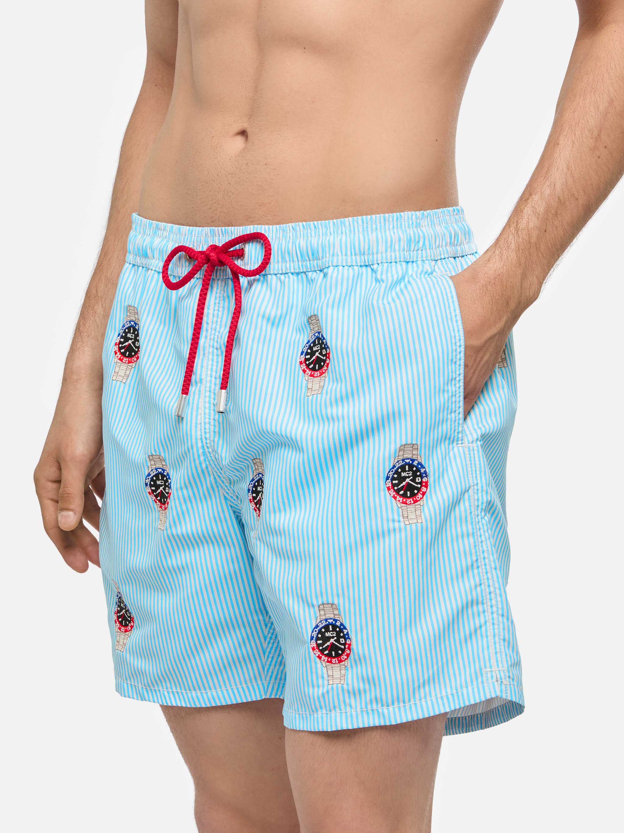 Mid-Length Striped Gustavia Swim-Shorts With Watches Embroidery Blue Swimshort