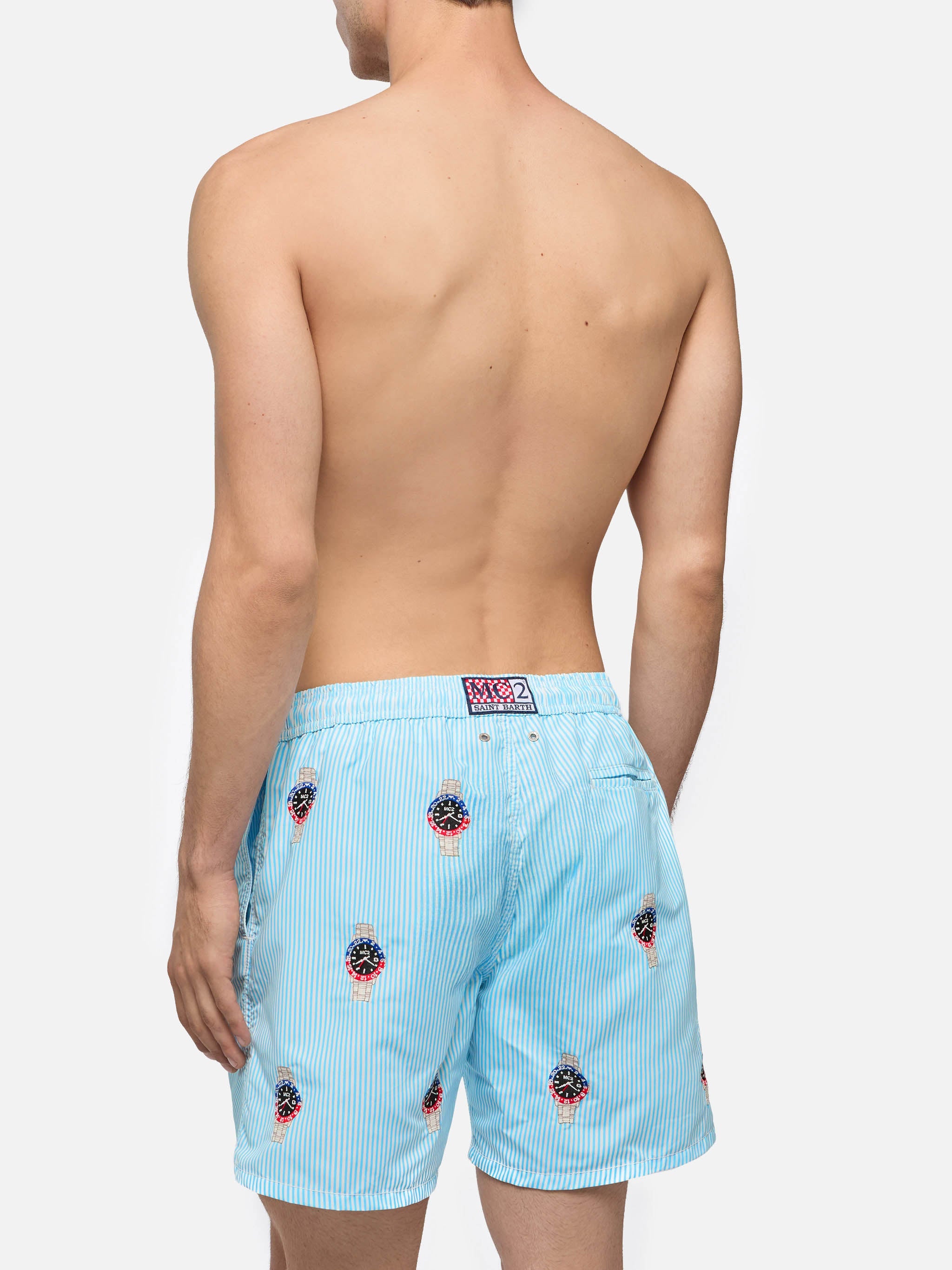 Mid-Length Striped Gustavia Swim-Shorts With Watches Embroidery Blue Swimshort