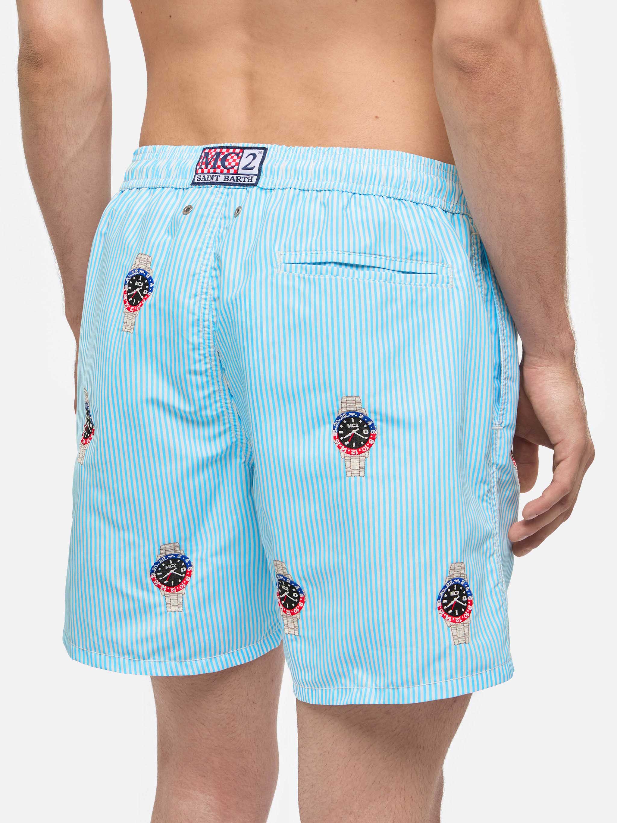 Mid-Length Striped Gustavia Swim-Shorts With Watches Embroidery Blue Swimshort