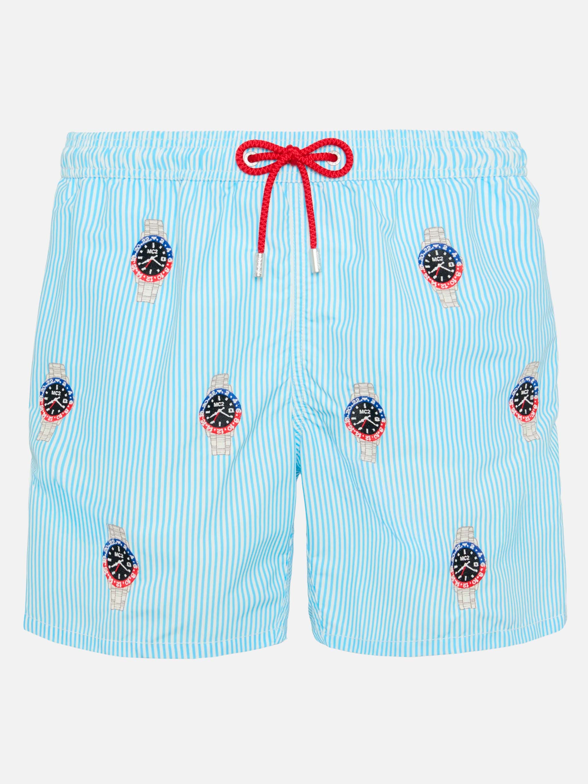 Mid-Length Striped Gustavia Swim-Shorts With Watches Embroidery Blue Swimshort