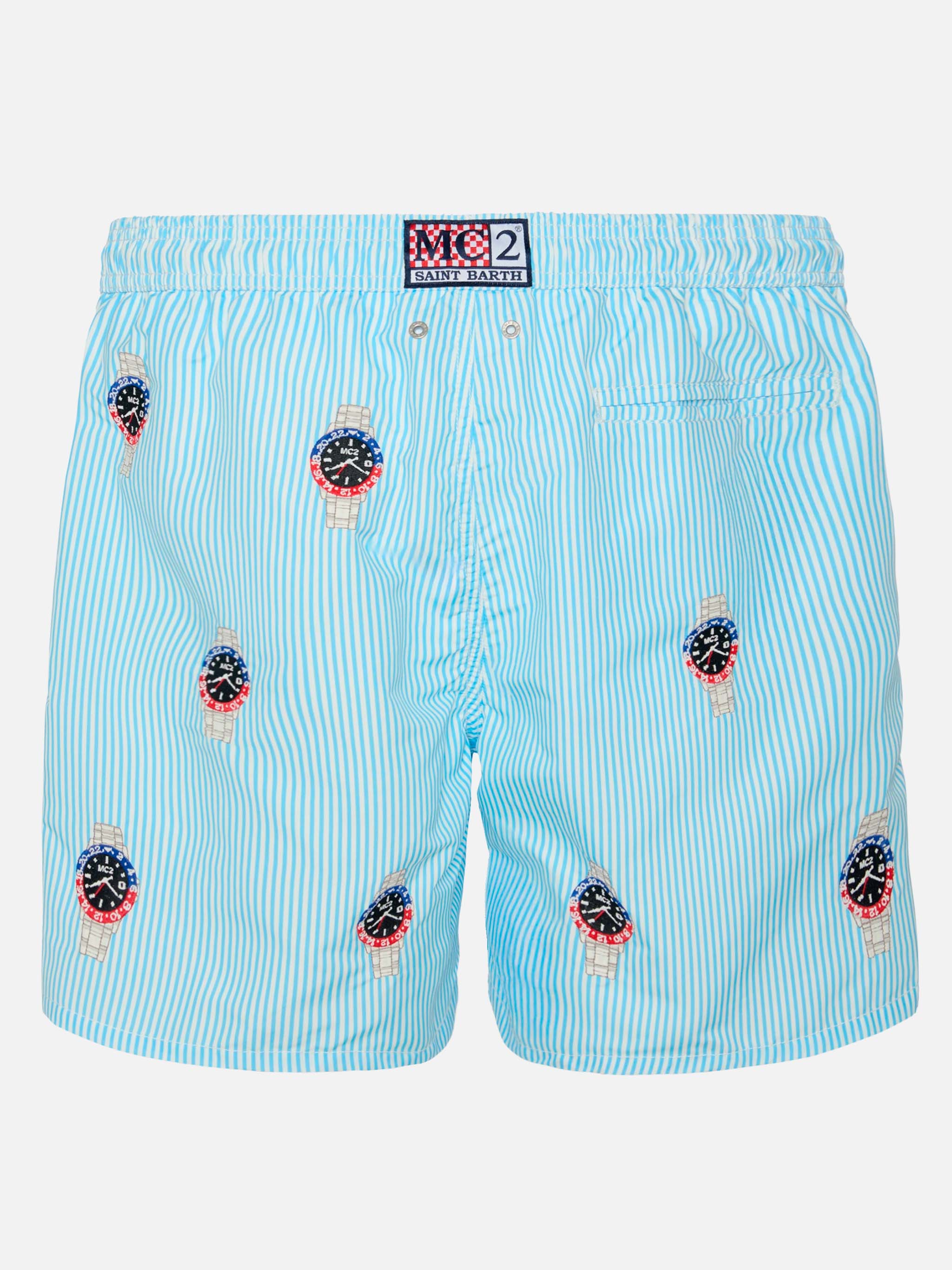 Mid-Length Striped Gustavia Swim-Shorts With Watches Embroidery Blue Swimshort