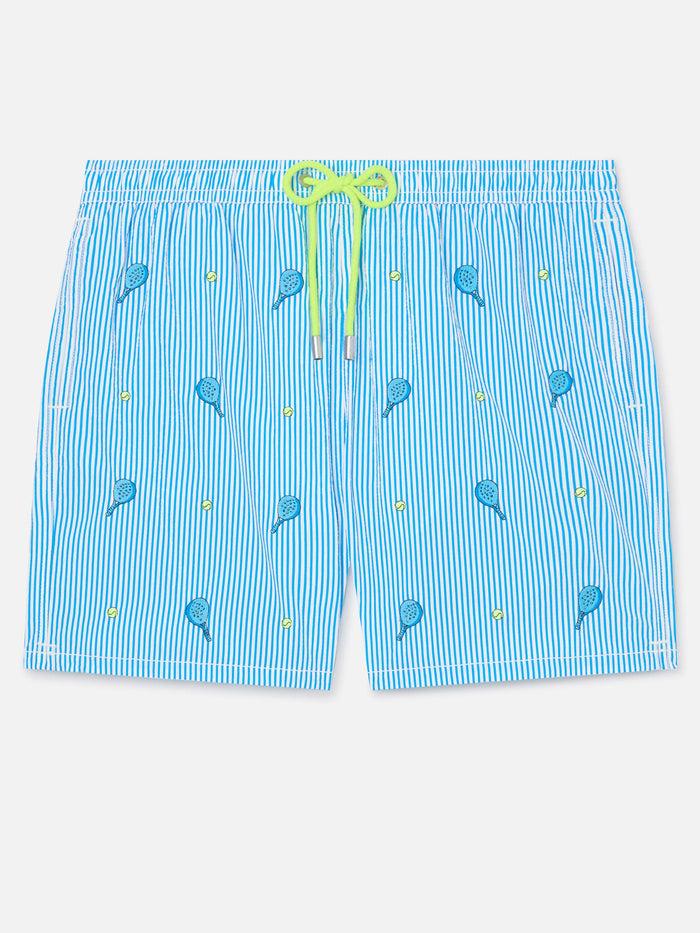 Gustavia Seersucker Striped Swim Shorts With Embroidery Blue Swimshort