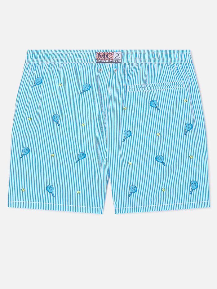 Gustavia Seersucker Striped Swim Shorts With Embroidery Blue Swimshort