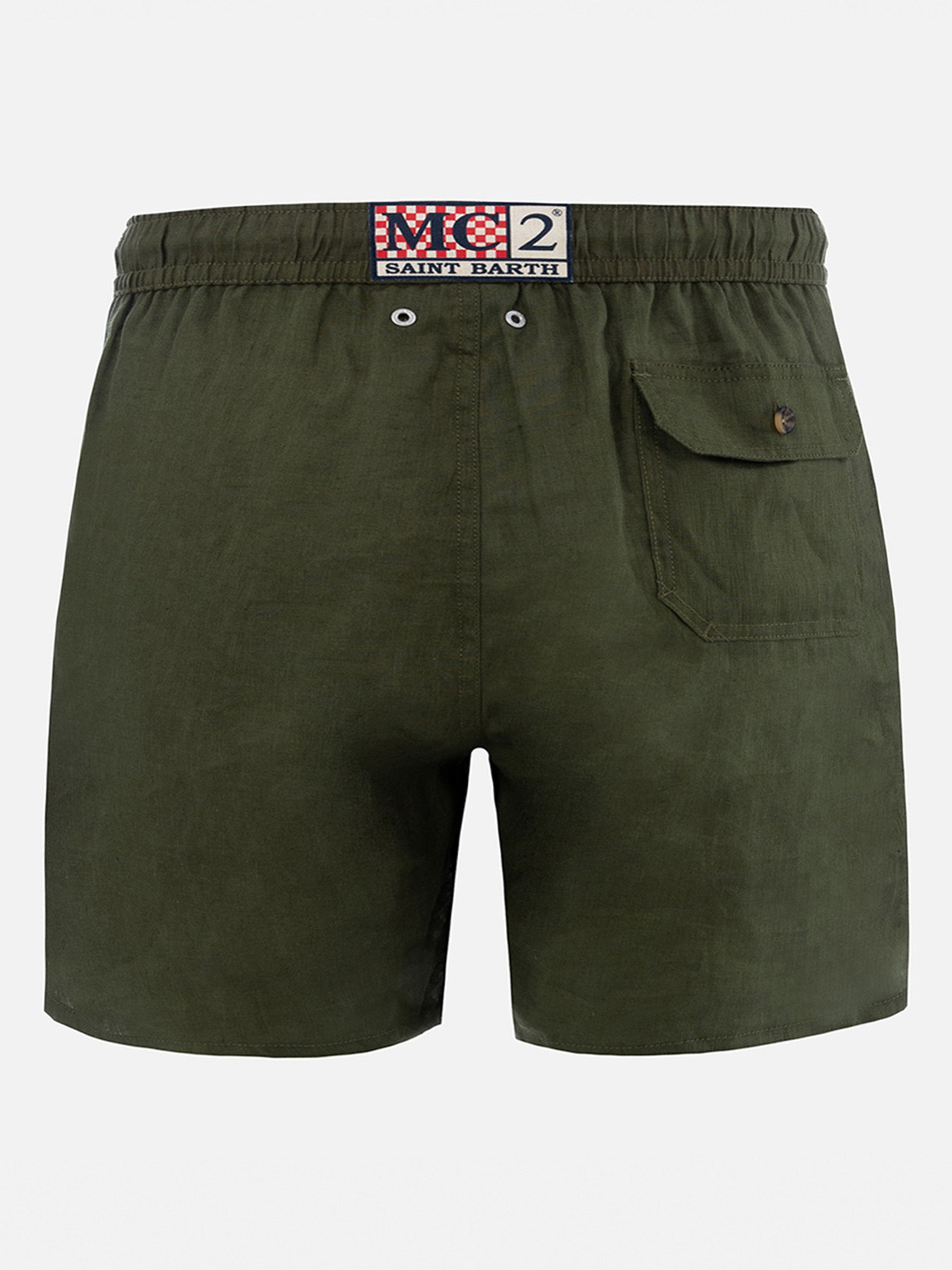 Mid-Length Military Green Linen Swim-Shorts Gustavia Swimshort