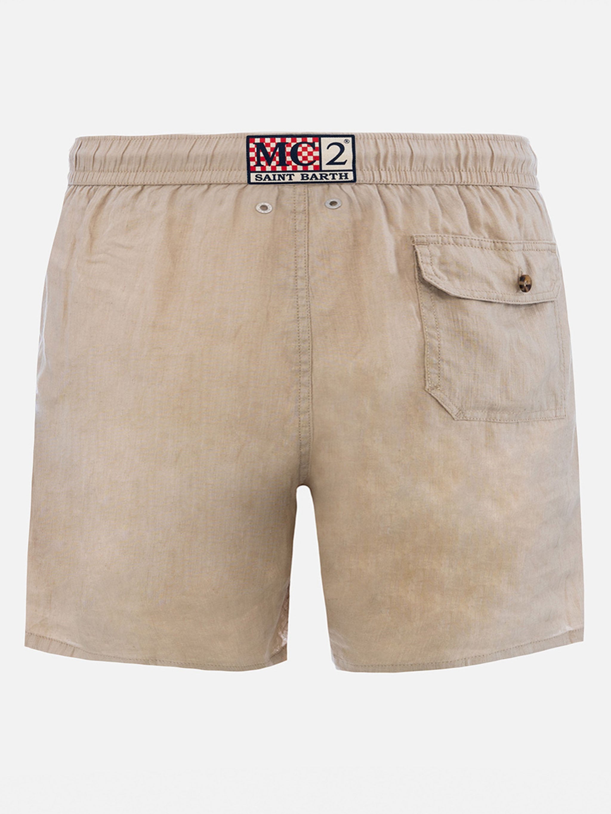 Man Mid-Length Beige Linen Swim-Shorts Gustavia White Swimshort