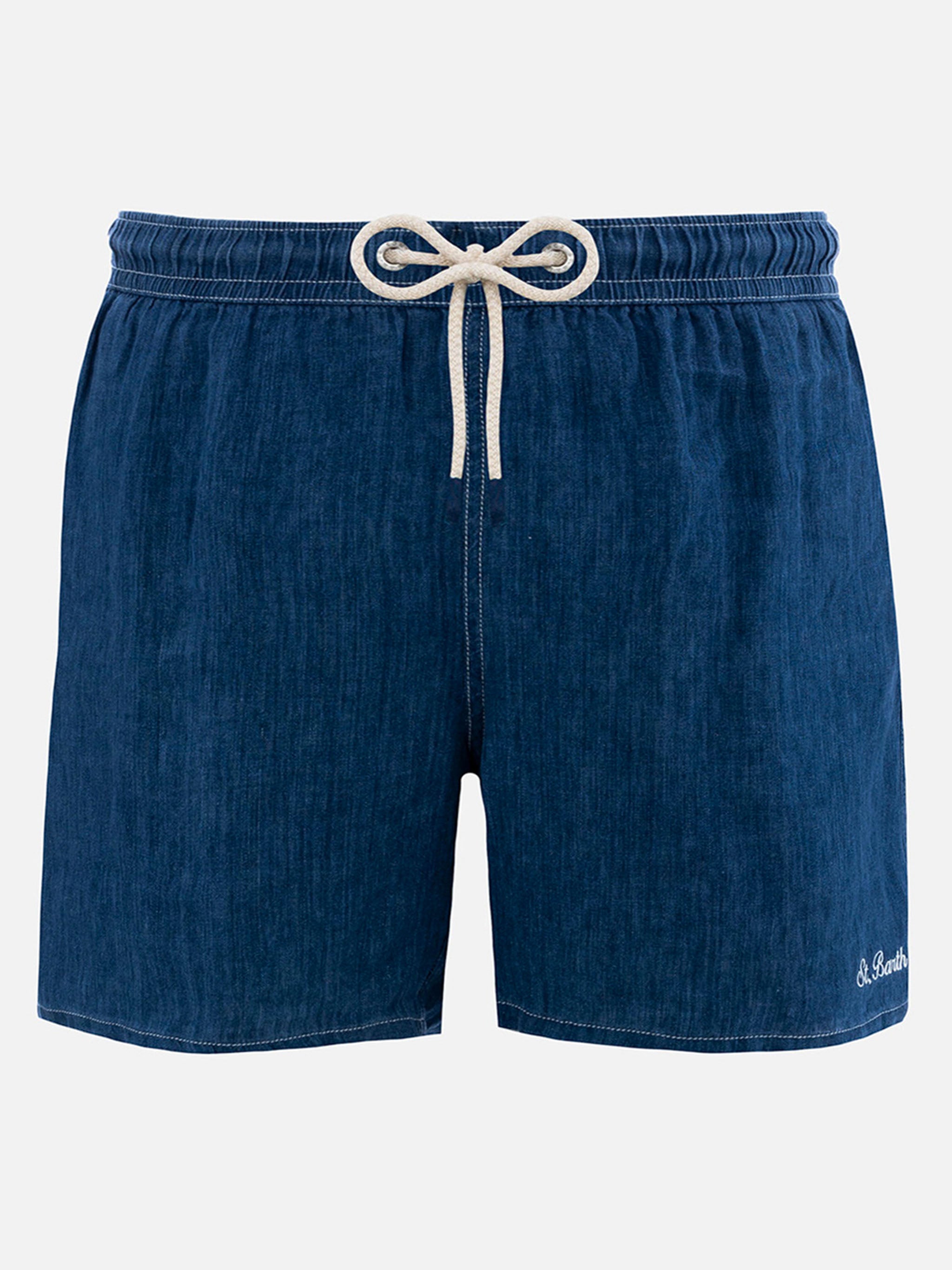 Man Mid-Length Denim Blue Linen Swim-Shorts Gustavia Swimshort